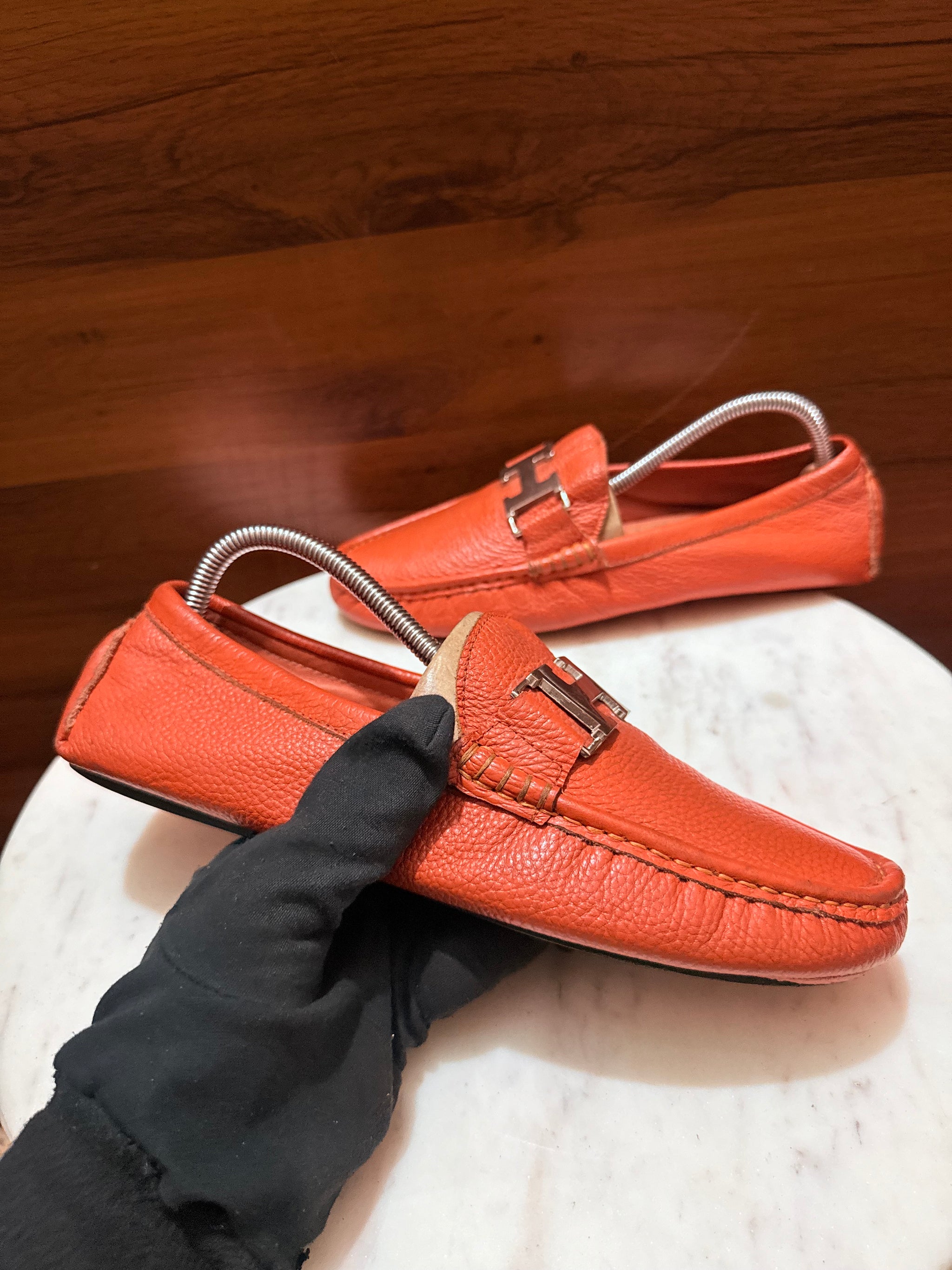 Hermes Paris 'H' Buckle Grainy Leather Moccasin Drivers