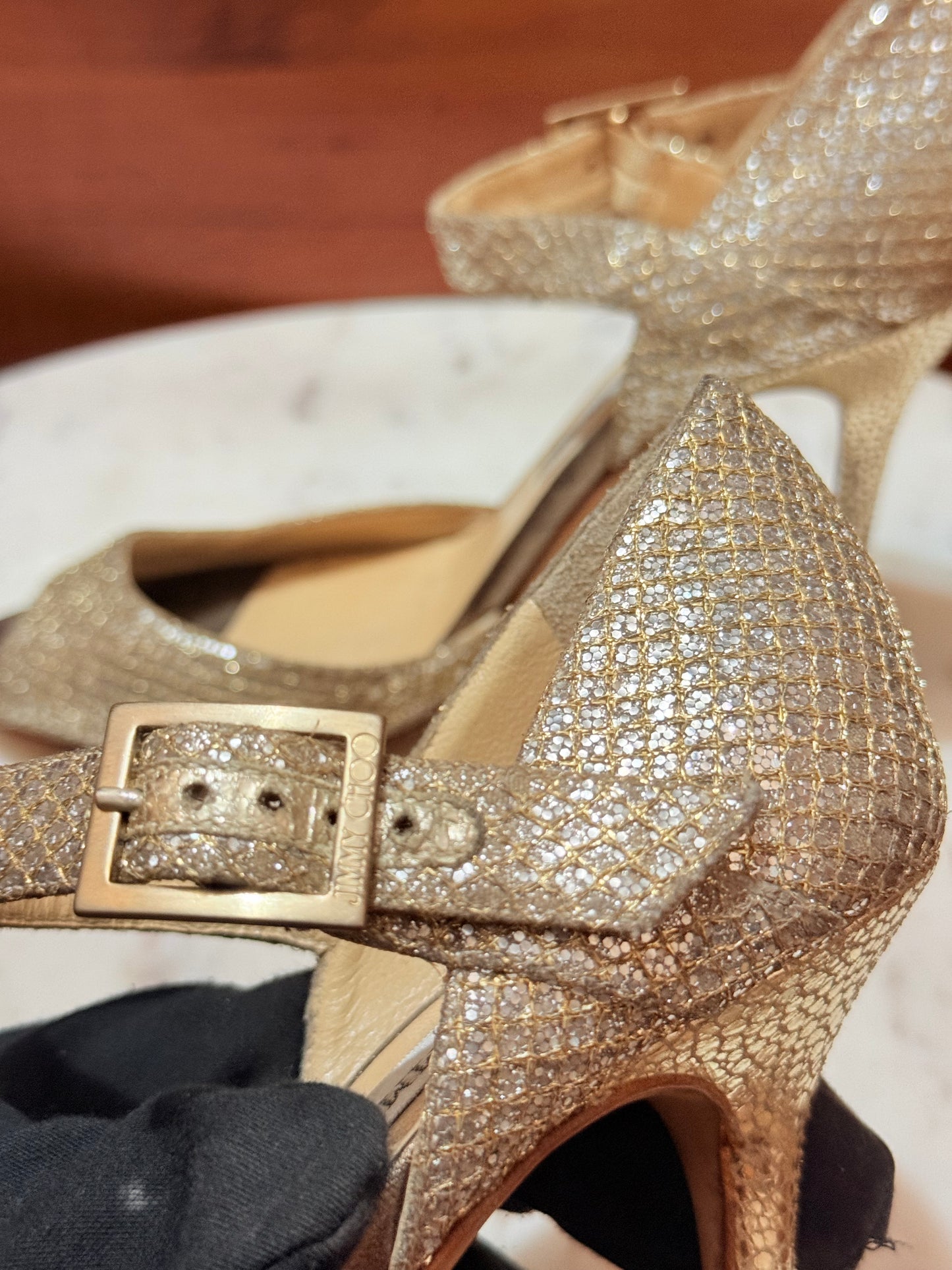 Jimmy Choo Anouk / Glen Glitter Ankle Strap Open-Toe Stiletto Pumps