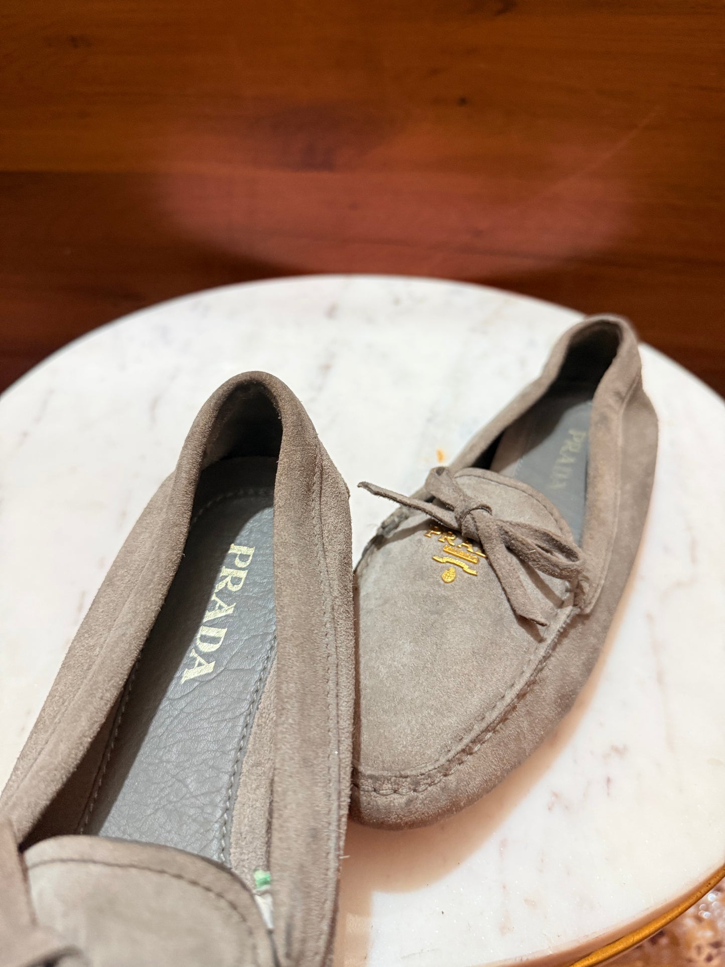 Prada Bow Detail Logo Suede Driving Loafers