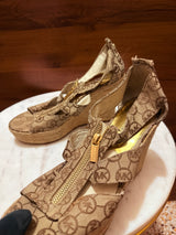 Michael Kors Logo Monogram Canvas Front-Zip Espadrille Wedge Sandals