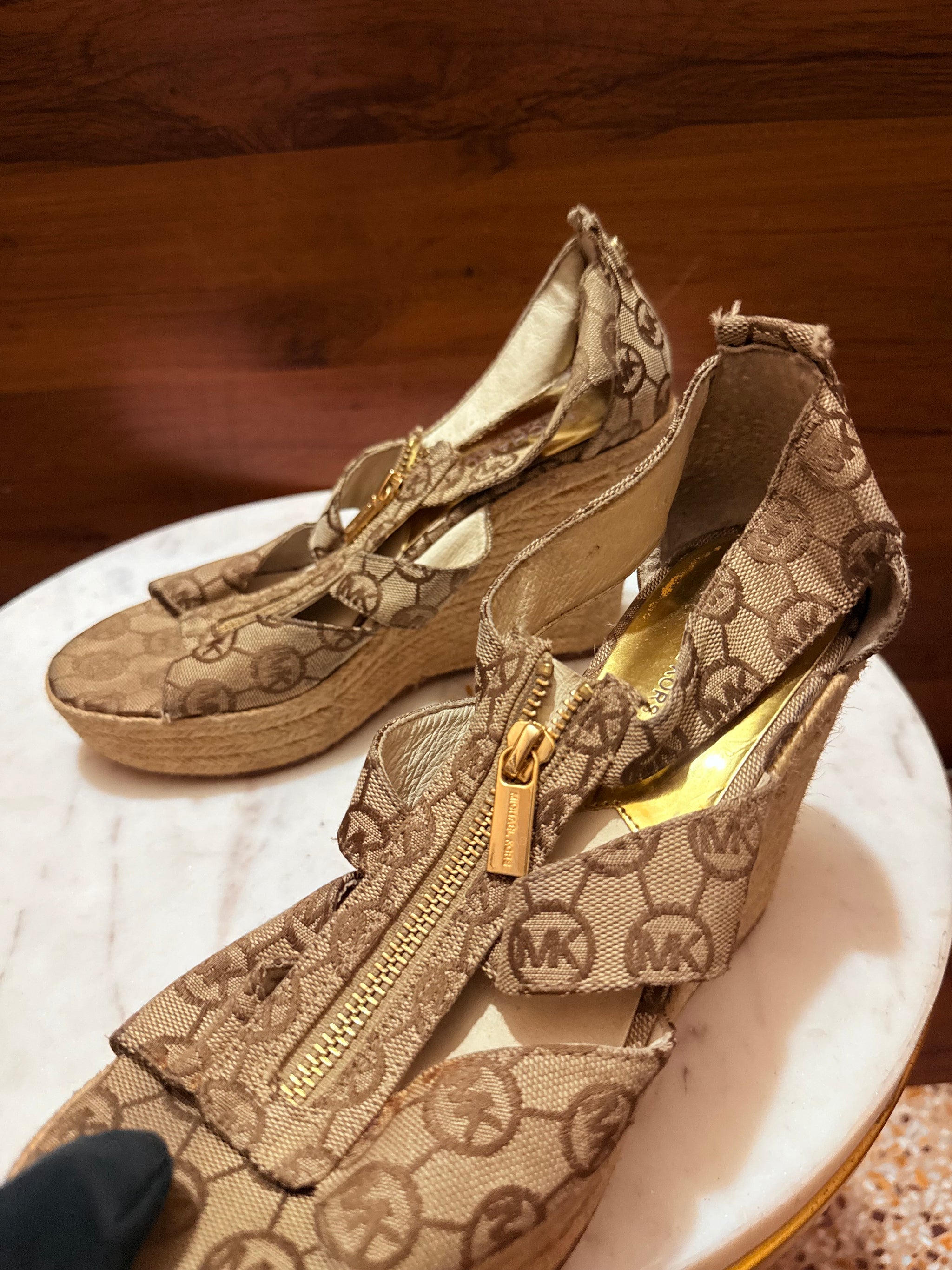 Michael Kors Logo Monogram Canvas Front-Zip Espadrille Wedge Sandals