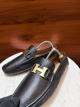 Hermès Paris 'H' Buckle Grainy Leather Moccasin Drivers