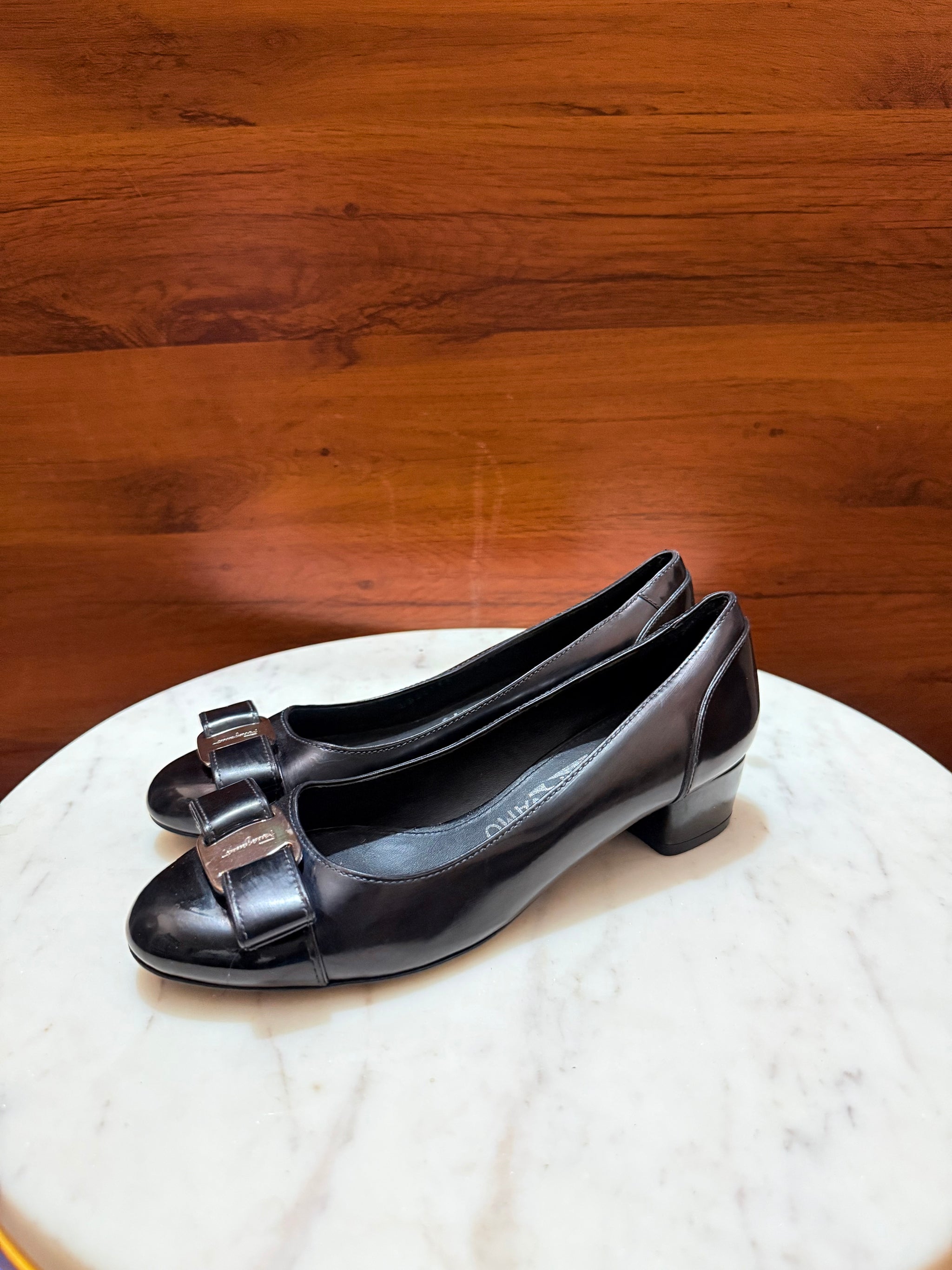 Salvatore Ferragamo Vara Bow Patent Leather Block Heel Pumps