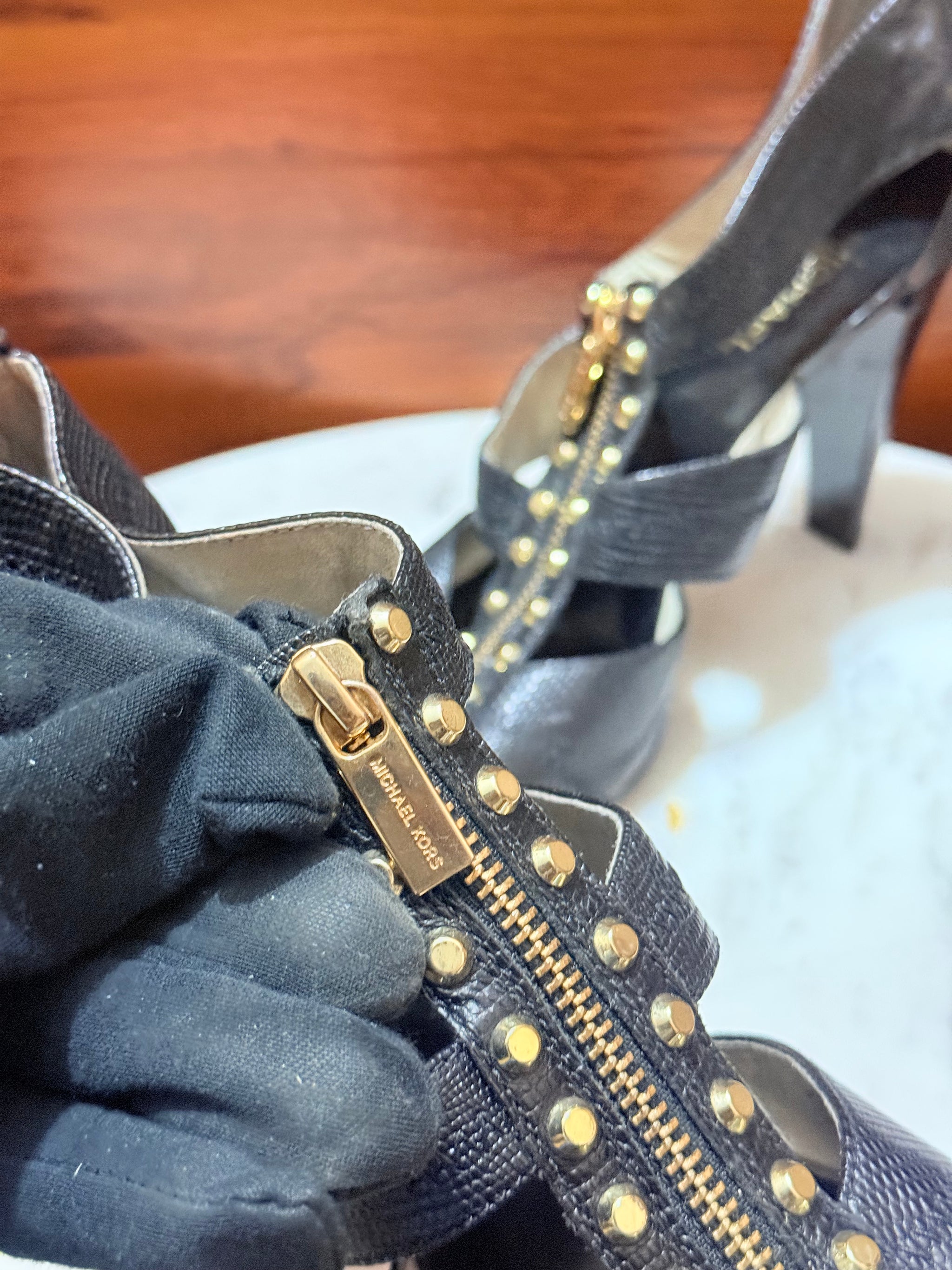 Michael Kors Studded Zipper Textured Leather Open-Toe Heel Sandals