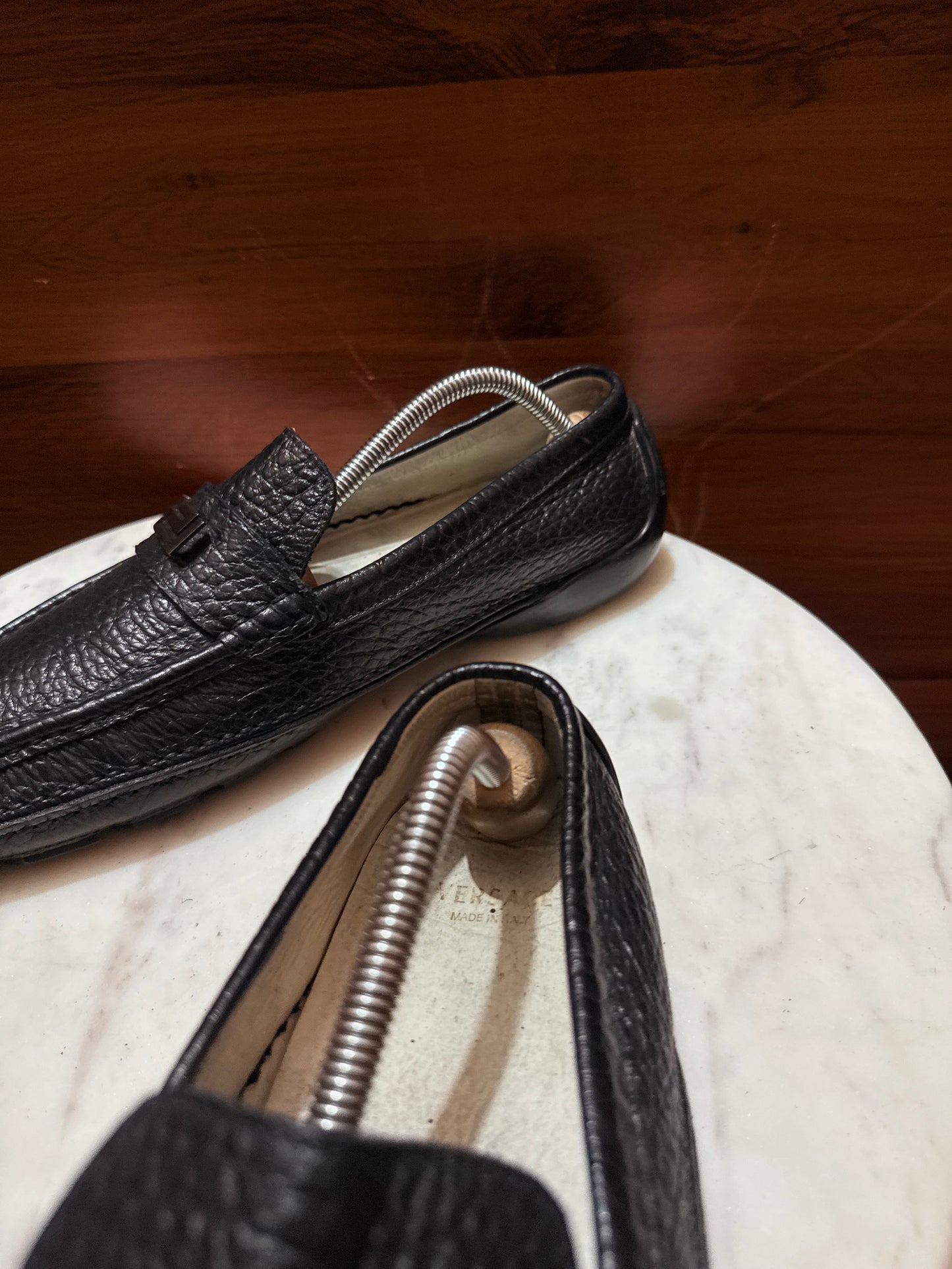 Versace Greca Hardware Grainy Leather Driver Loafers
