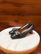 Salvatore Ferragamo Gancini Buckle Leather Mid Block Heel Pumps