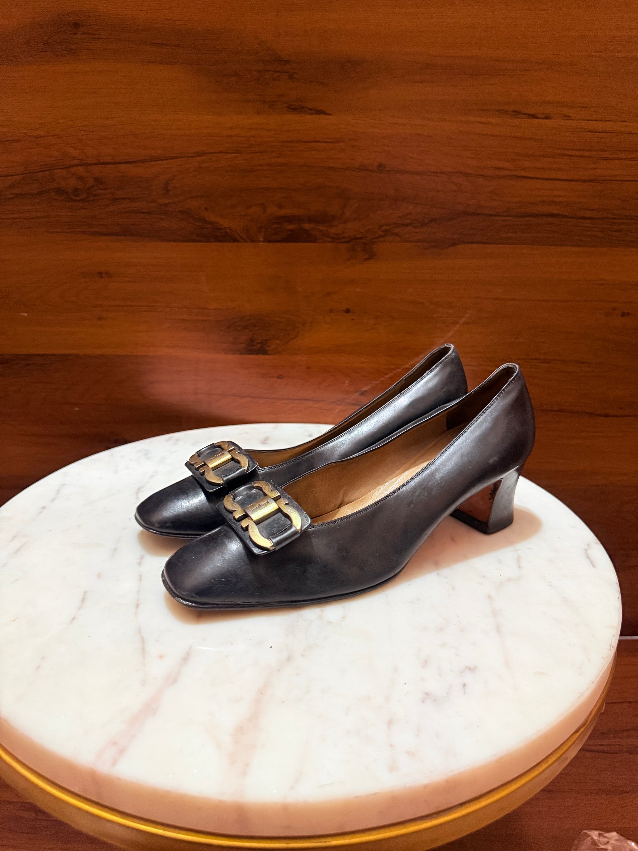 Salvatore Ferragamo Gancini Buckle Leather Mid Block Heel Pumps