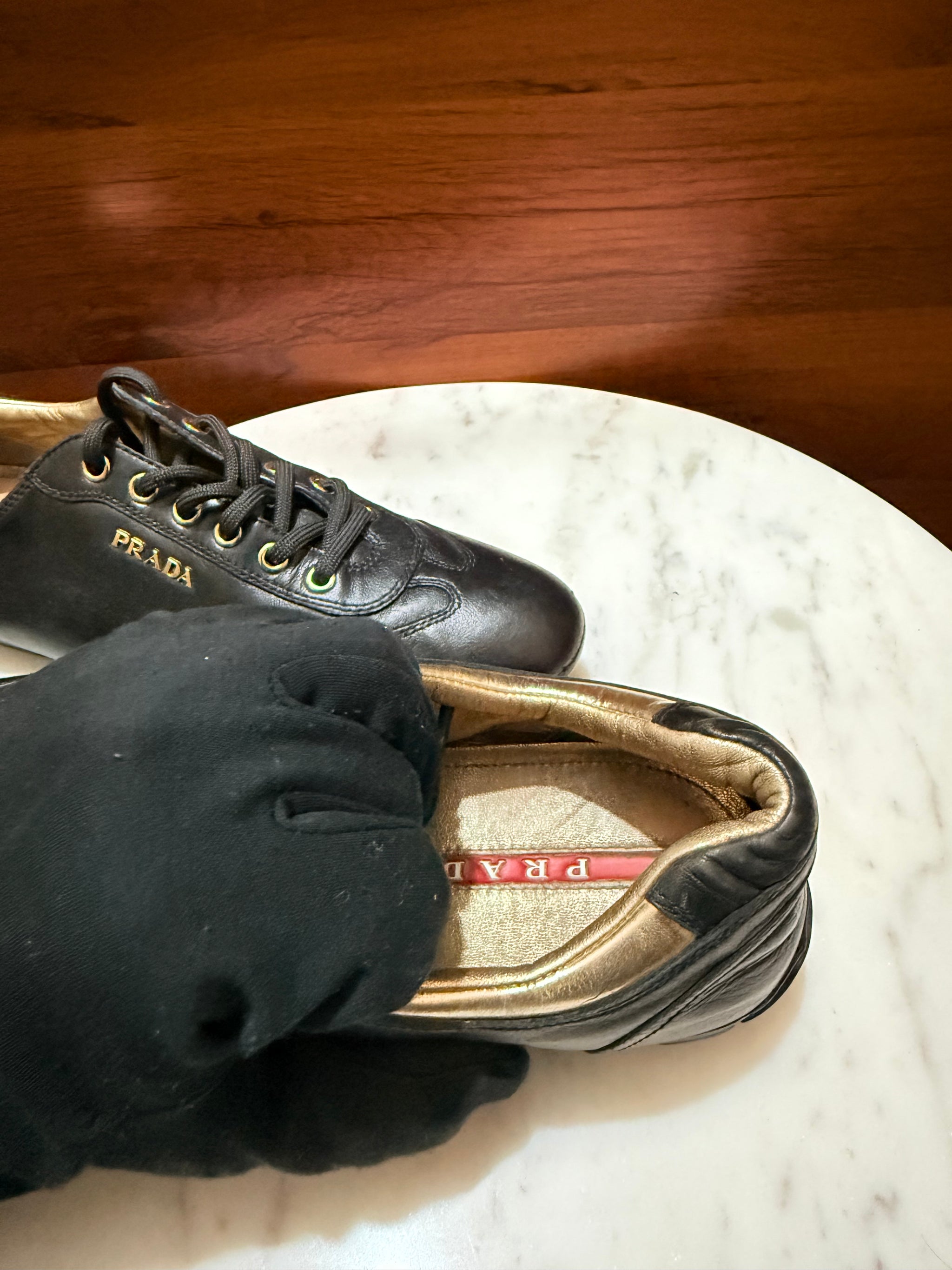 Prada Gold Hardware Leather Low-Top Sneakers