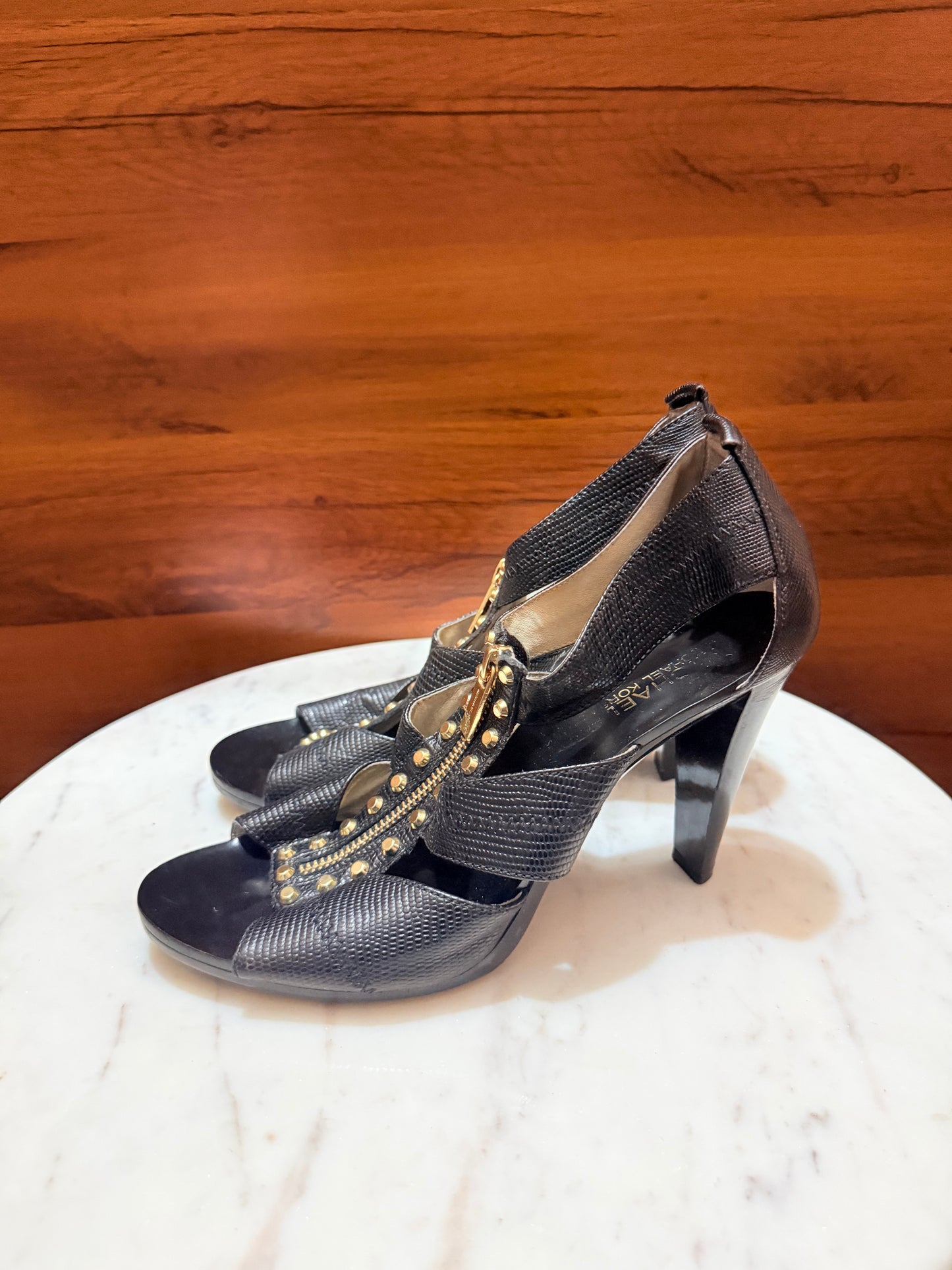 Michael Kors Studded Zipper Textured Leather Open-Toe Heel Sandals