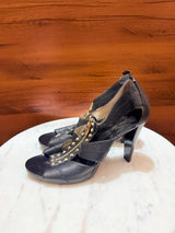 Michael Kors Studded Zipper Textured Leather Open-Toe Heel Sandals