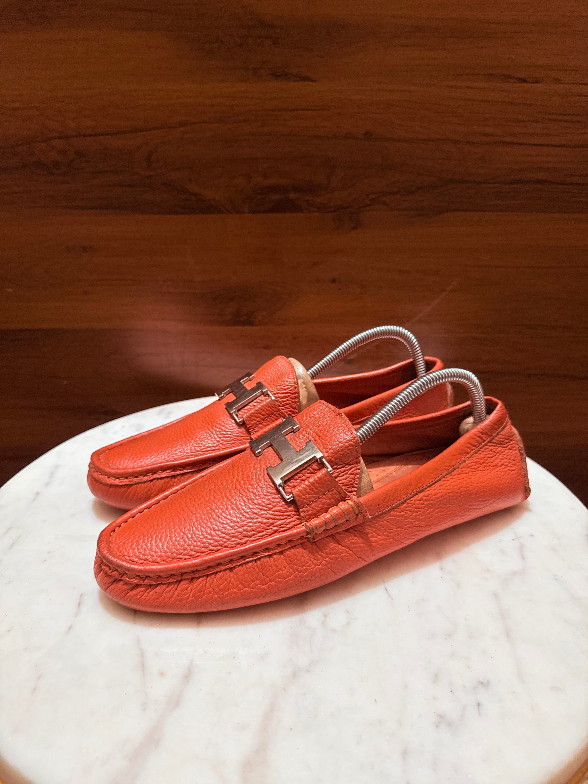 Hermes Paris 'H' Buckle Grainy Leather Moccasin Drivers