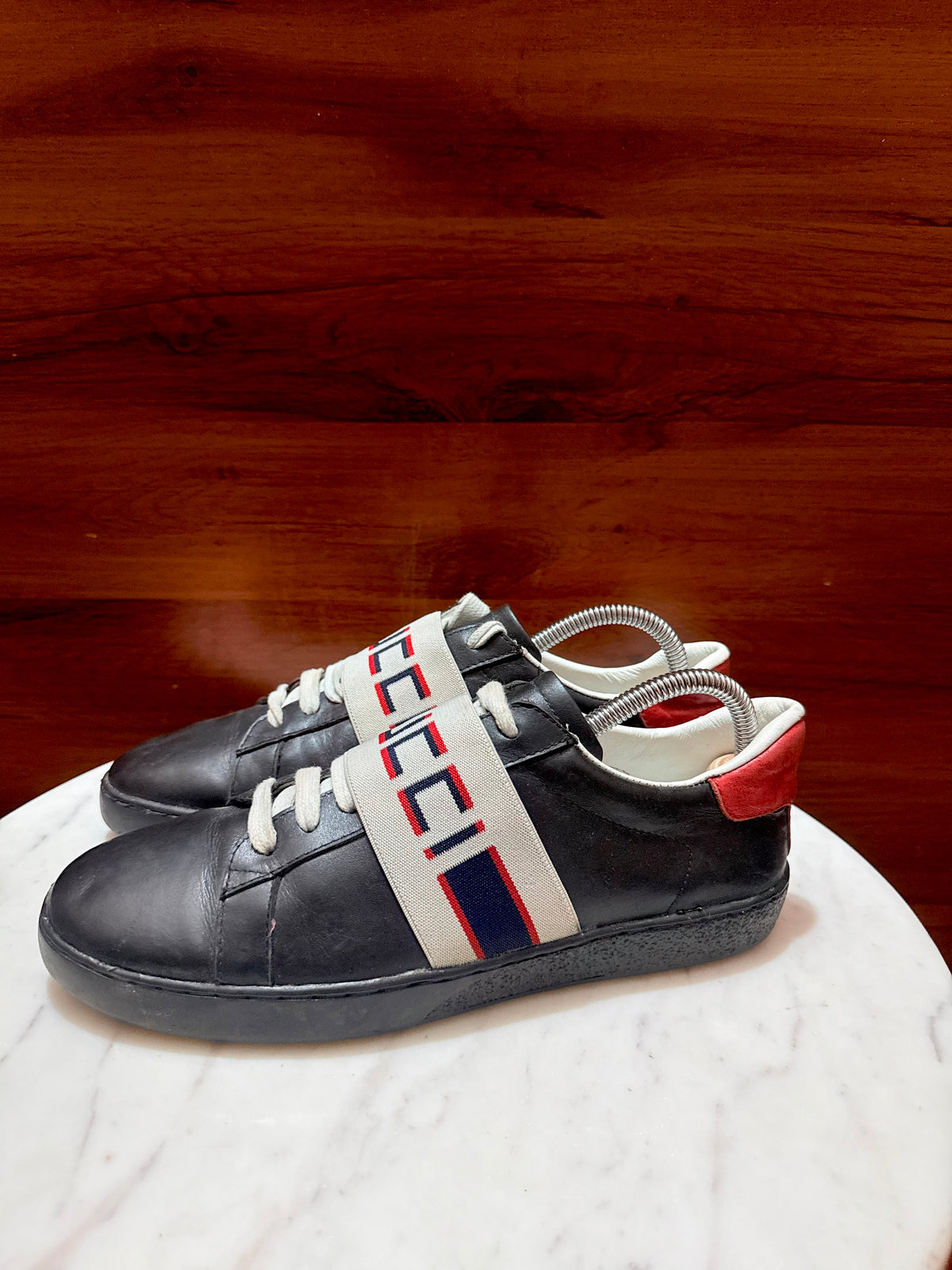 Gucci Ace Jacquard Elastic Logo Leather Sneakers