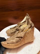 Michael Kors Logo Monogram Canvas Front-Zip Espadrille Wedge Sandals