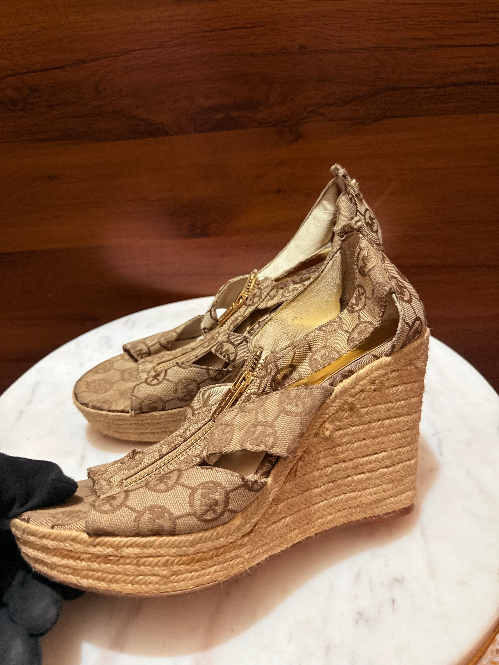 Michael Kors Logo Monogram Canvas Front-Zip Espadrille Wedge Sandals