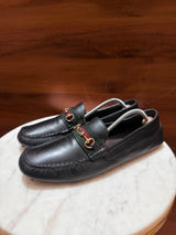 Gucci Web Stripe Horsebit Leather Driver Loafers
