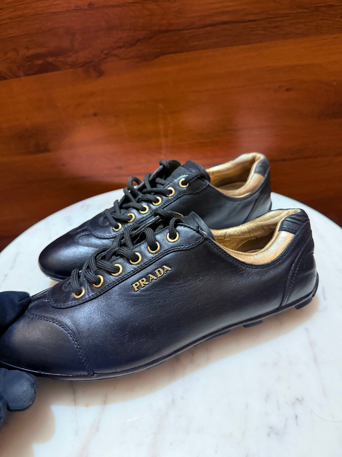 Prada Gold Hardware Leather Low-Top Sneakers