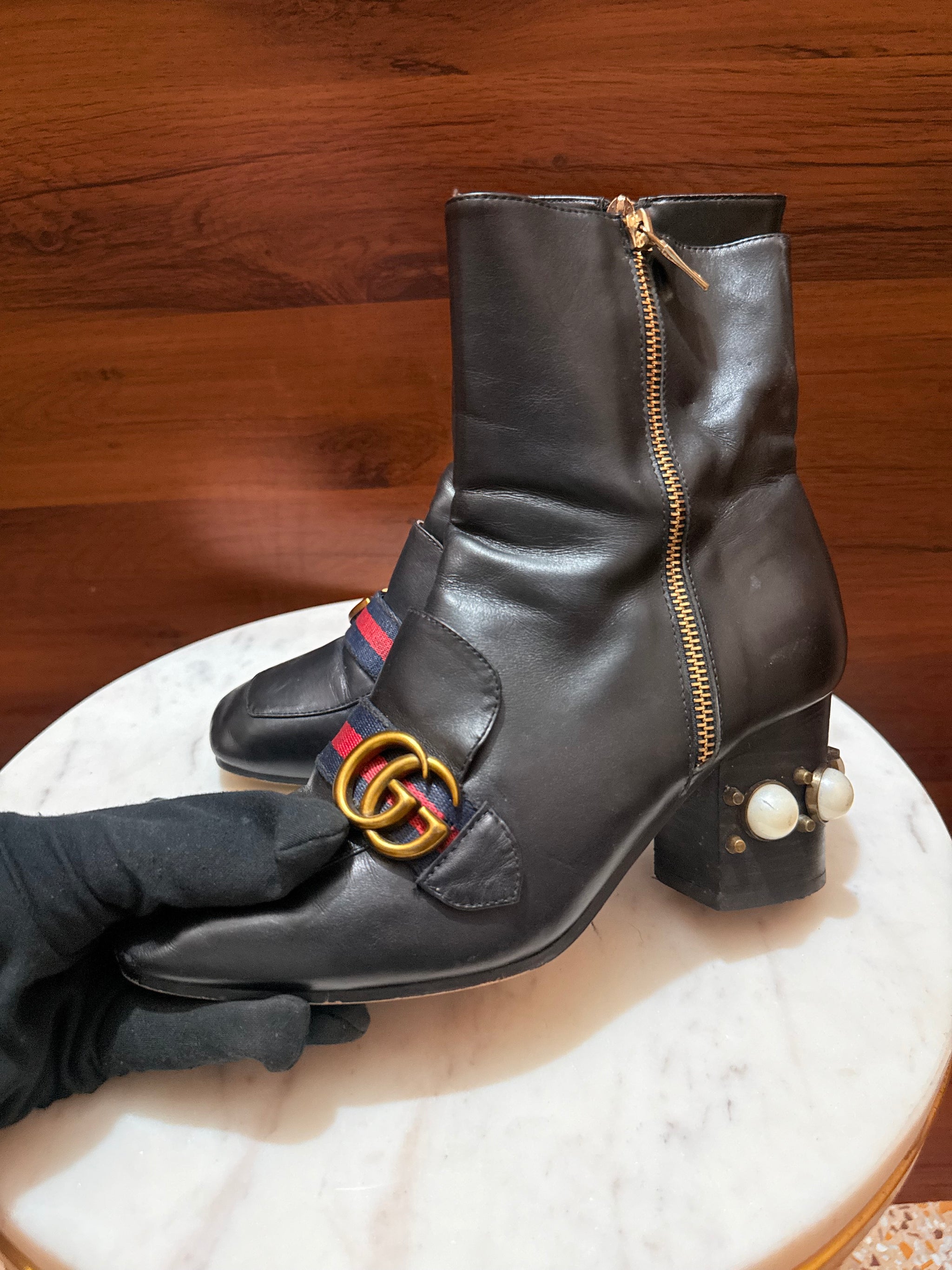 Gucci GG Web Stripe Pearl Embellished Block Heel Ankle Boots