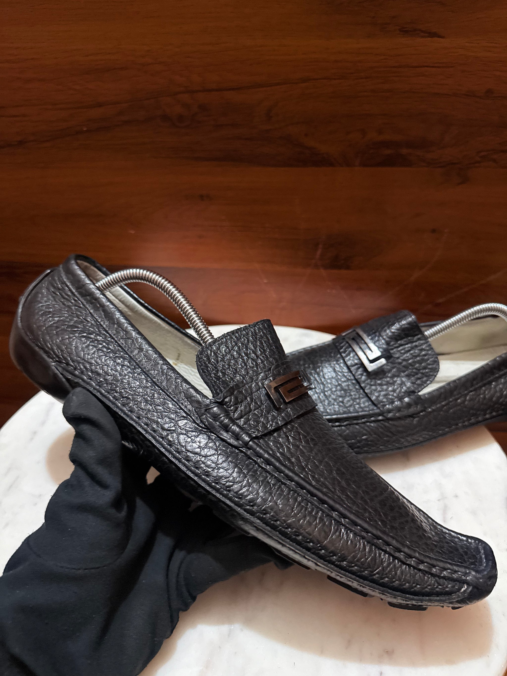 Versace Greca Hardware Grainy Leather Driver Loafers