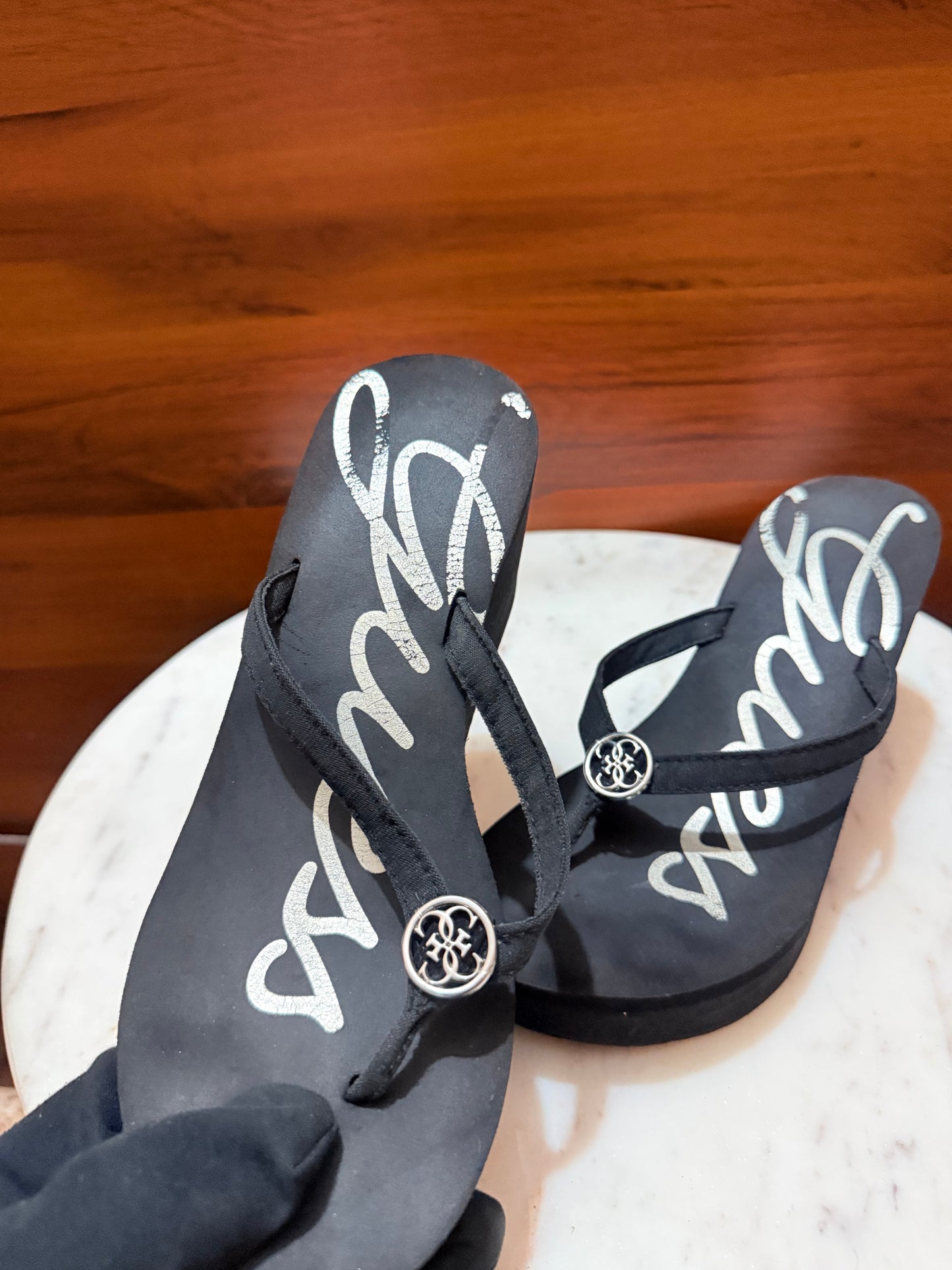 Guess Script Logo Medallion Platform Wedge Flip-Flop Sandals