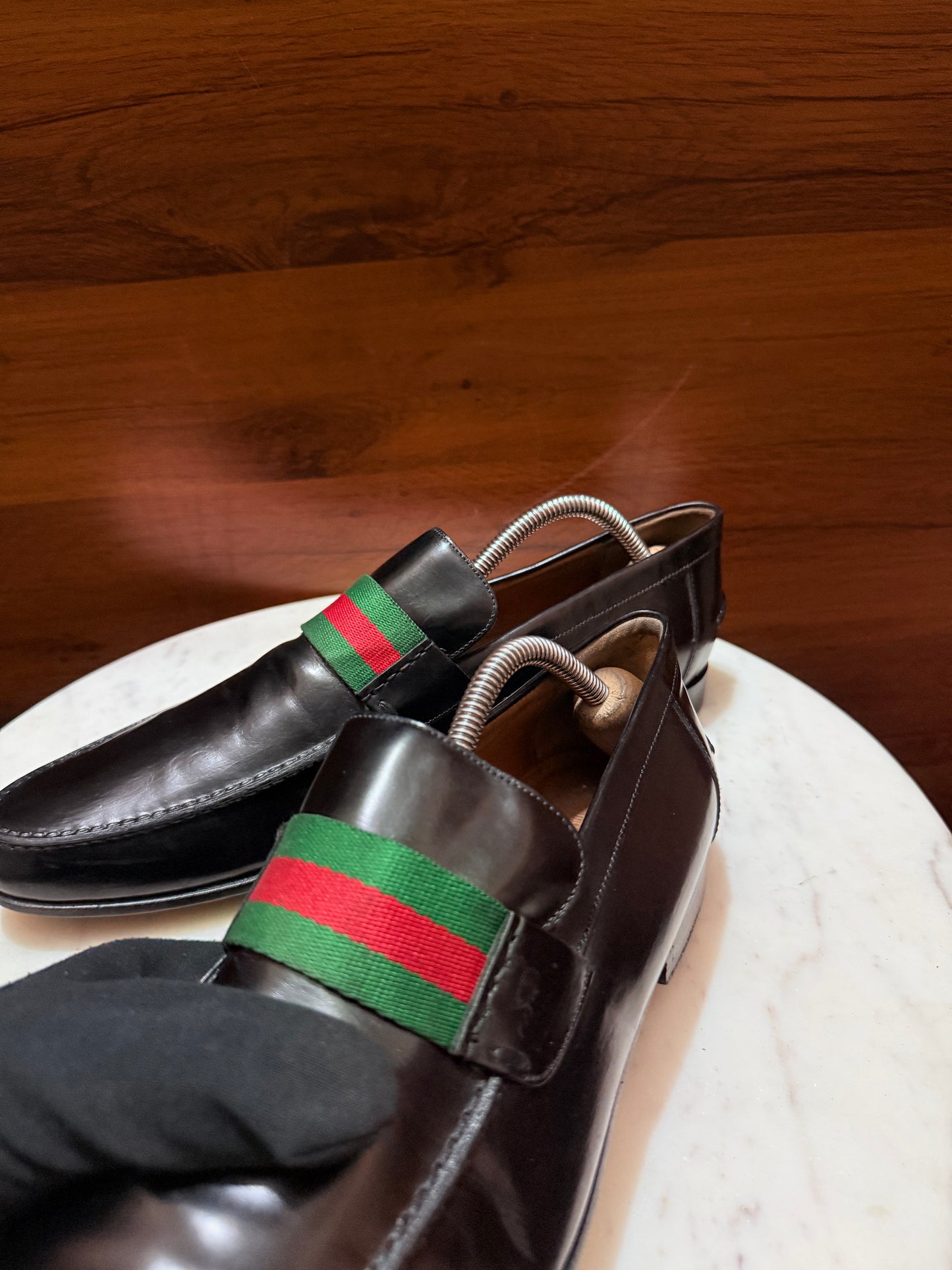 Gucci Web Stripe Leather Penny Loafers