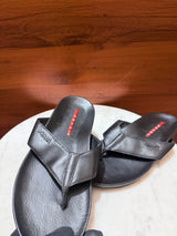 Prada Linea Rossa Metal Logo Leather Flip-Flop Sandals