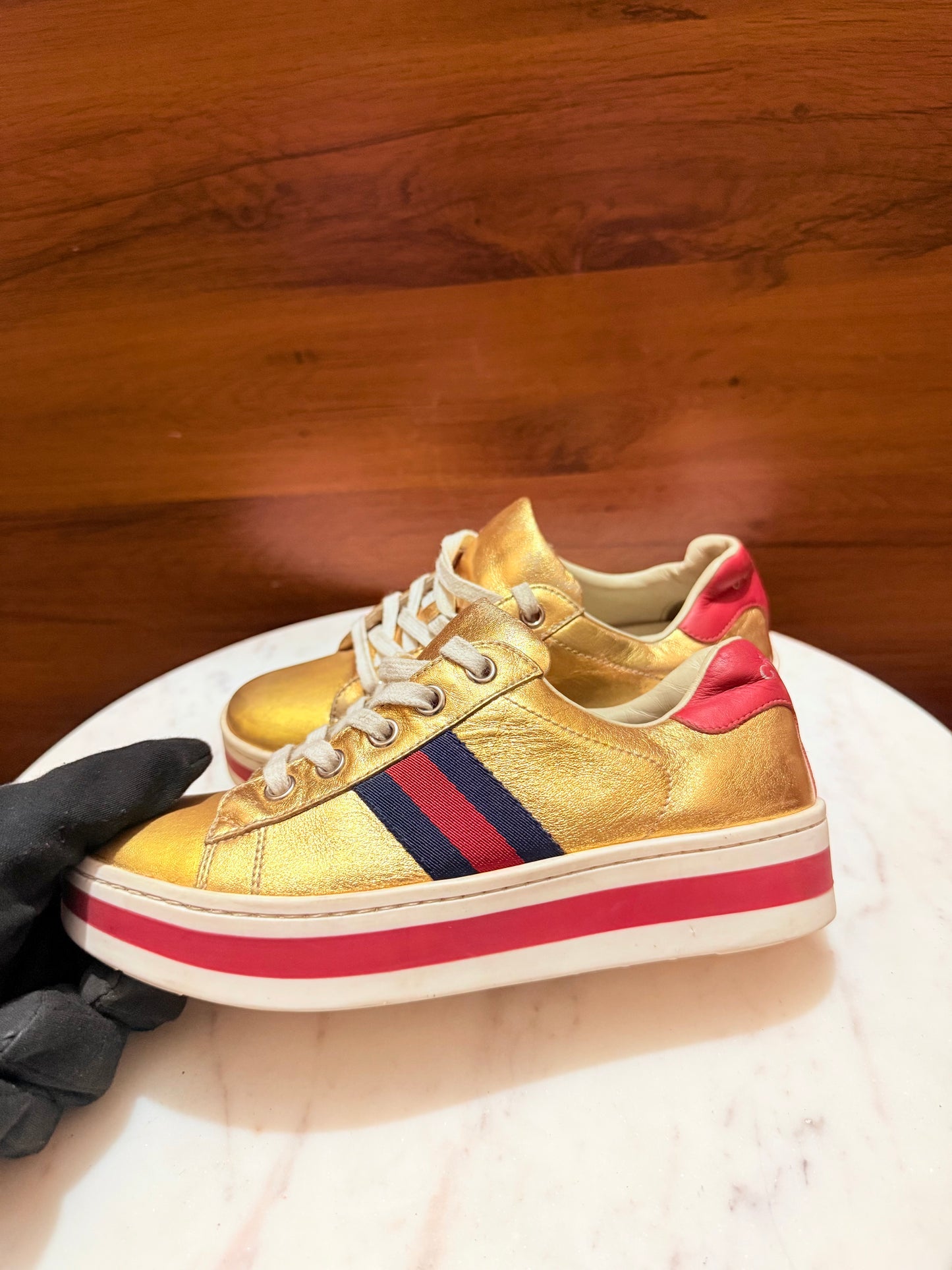 Gucci Kids Metallic Gold Leather Web Stripe Ace Platform Sneakers