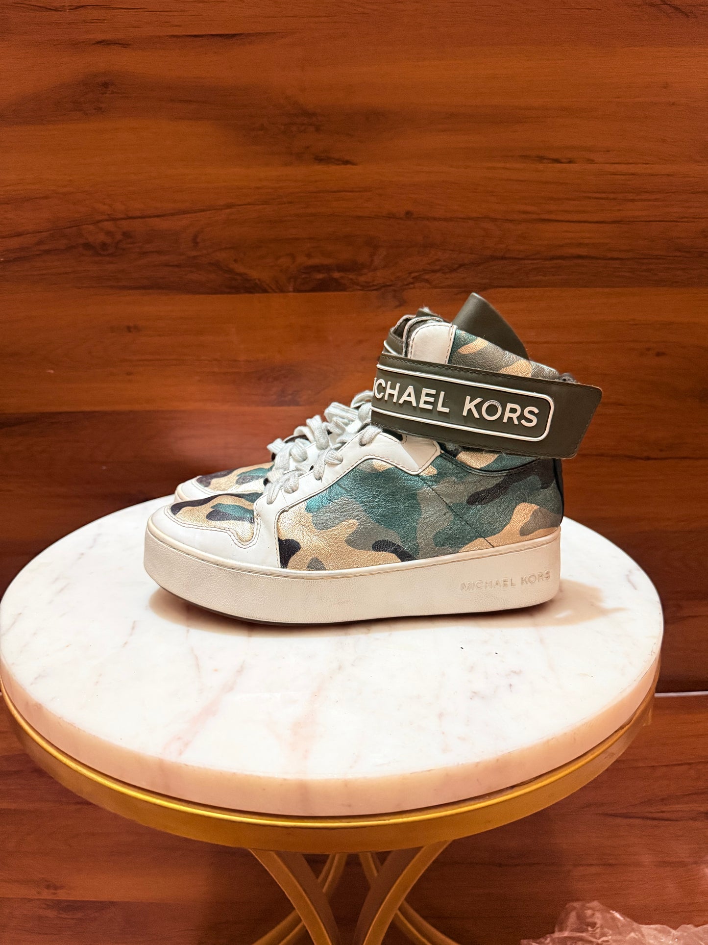 Michael Kors Logo Ankle Strap Camouflage High-Top Platform Sneakers