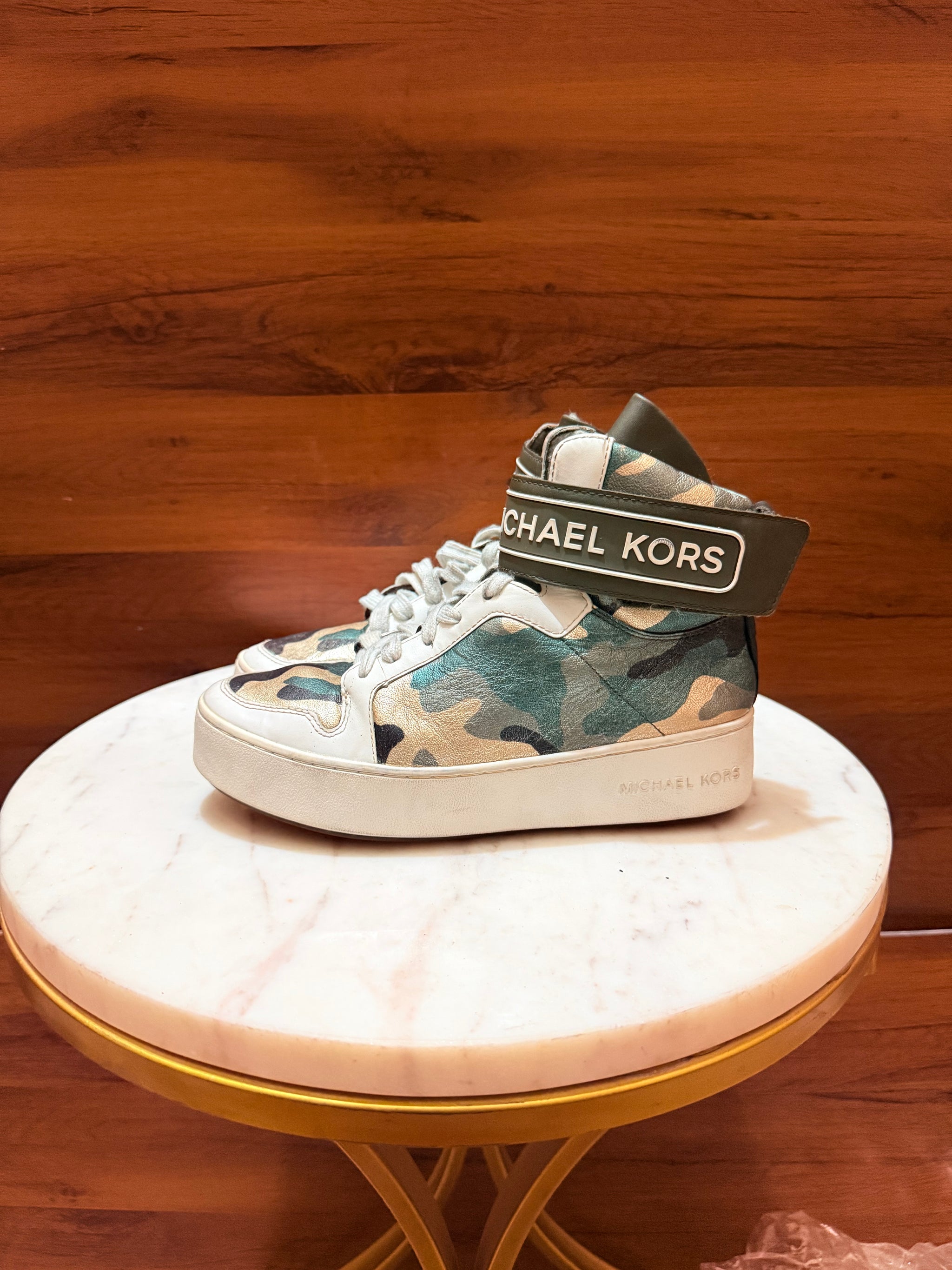 Michael Kors Logo Ankle Strap Camouflage High-Top Platform Sneakers