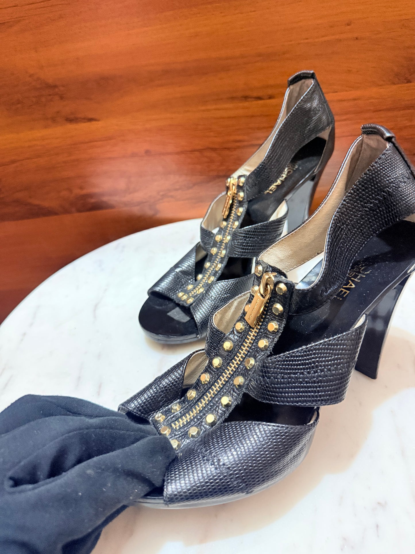 Michael Kors Studded Zipper Textured Leather Open-Toe Heel Sandals