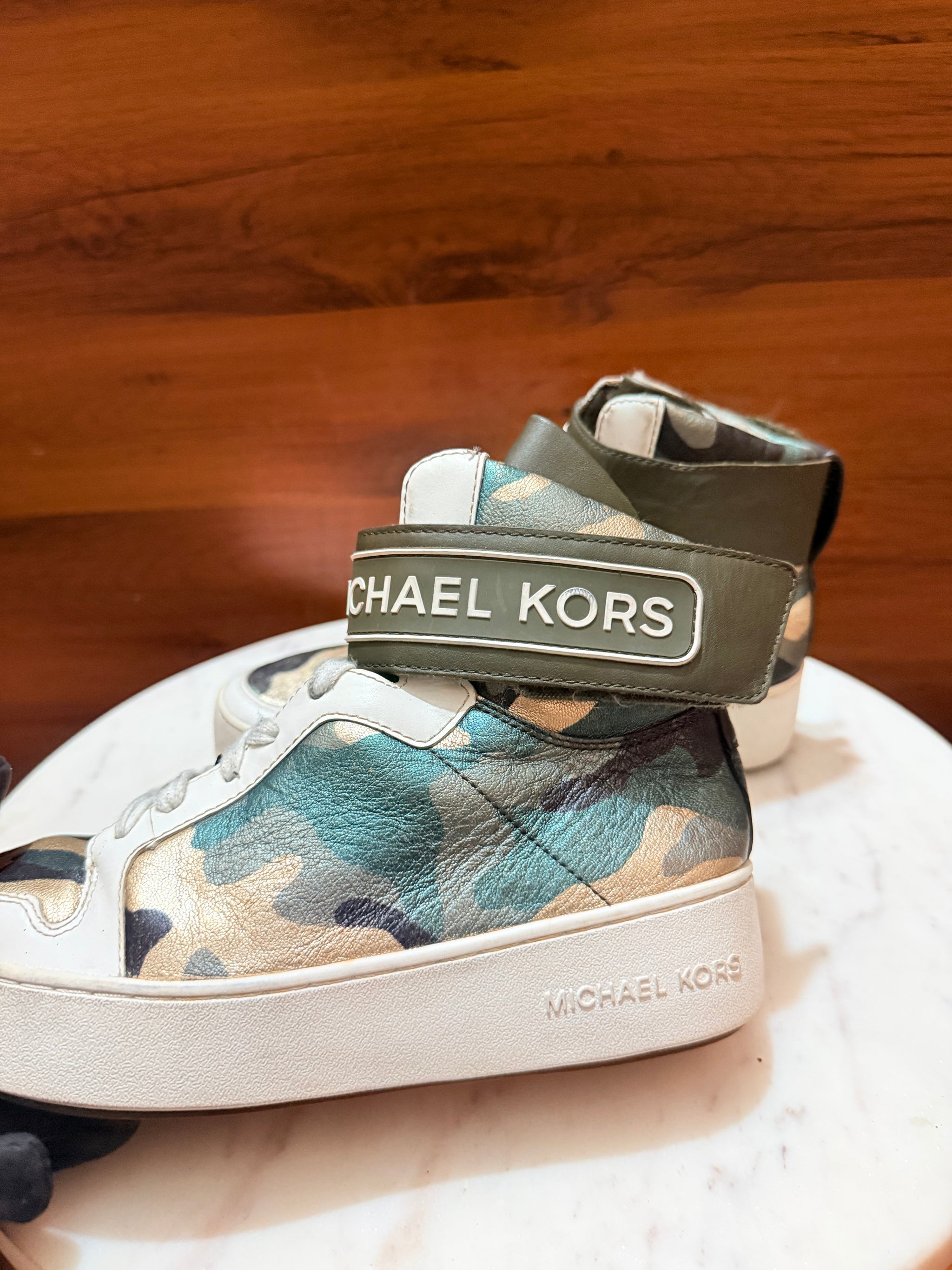 Michael Kors Logo Ankle Strap Camouflage High-Top Platform Sneakers