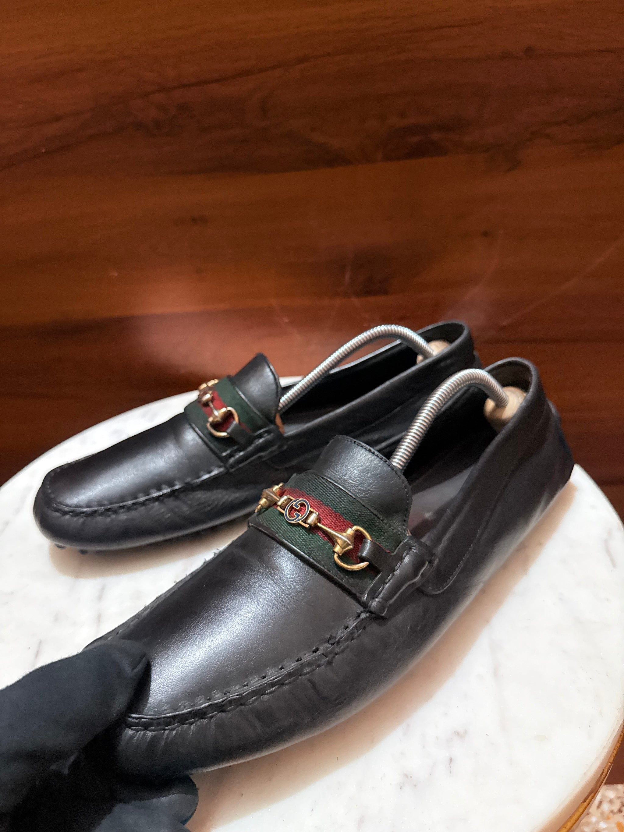 Gucci Web Stripe Horsebit Leather Driver Loafers
