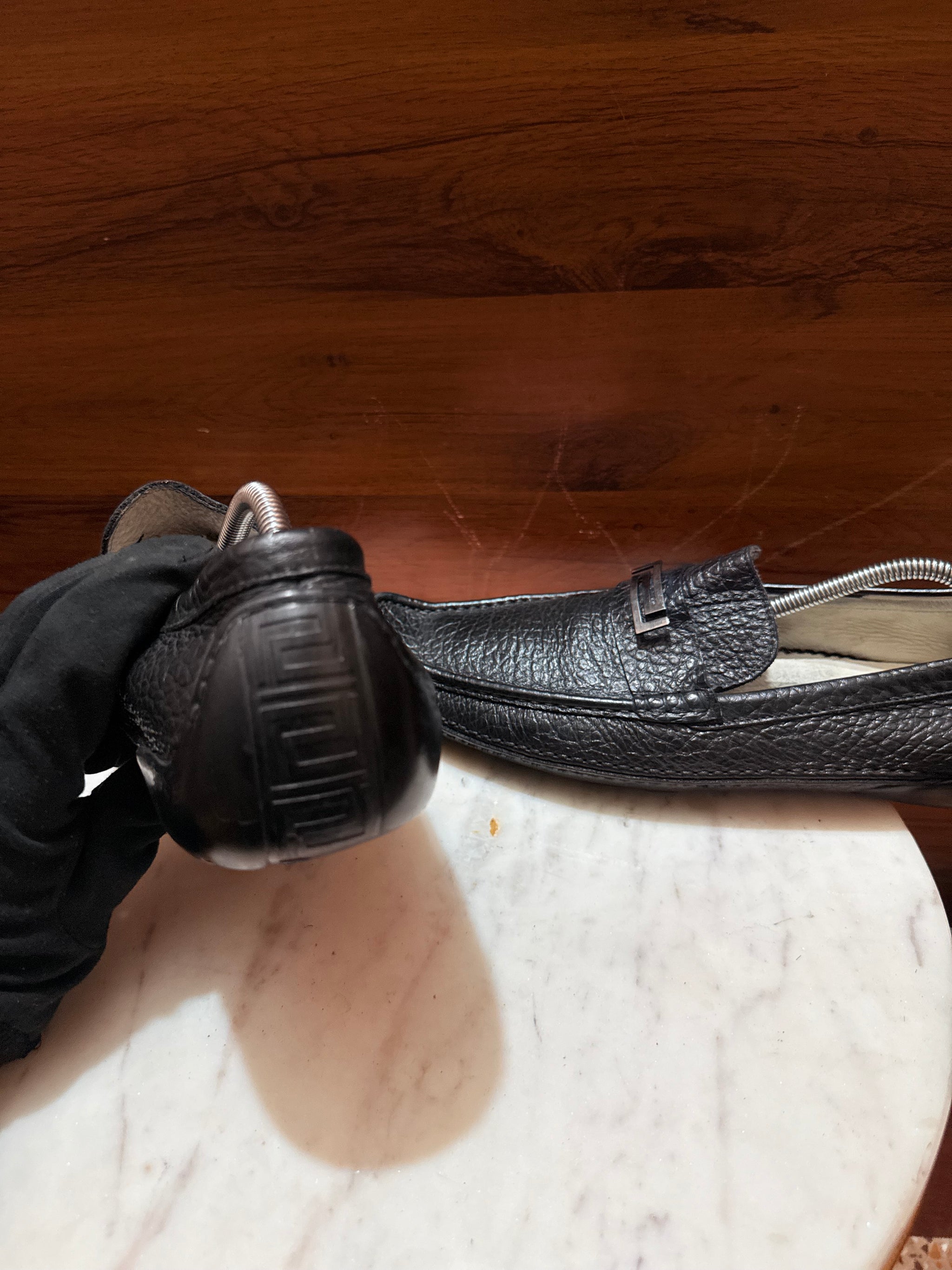 Versace Greca Hardware Grainy Leather Driver Loafers