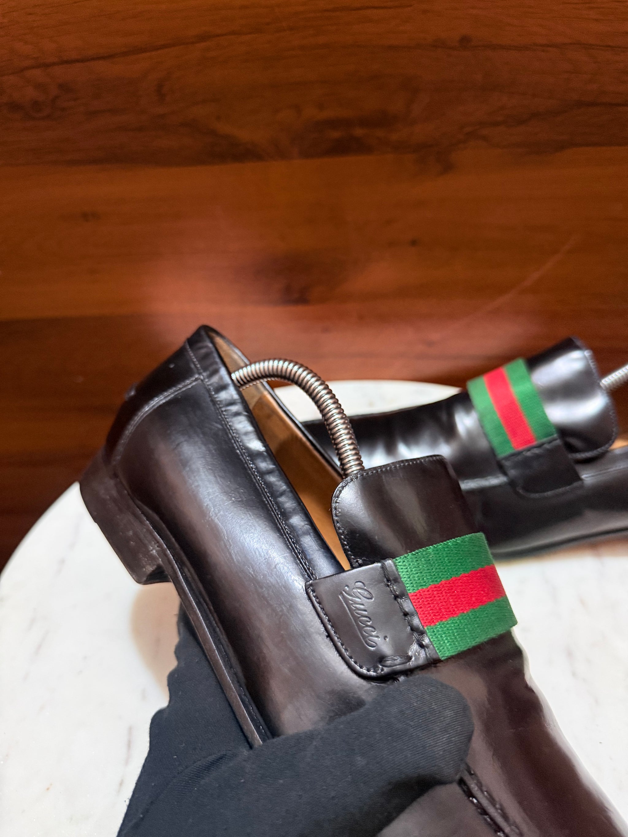 Gucci Web Stripe Leather Penny Loafers