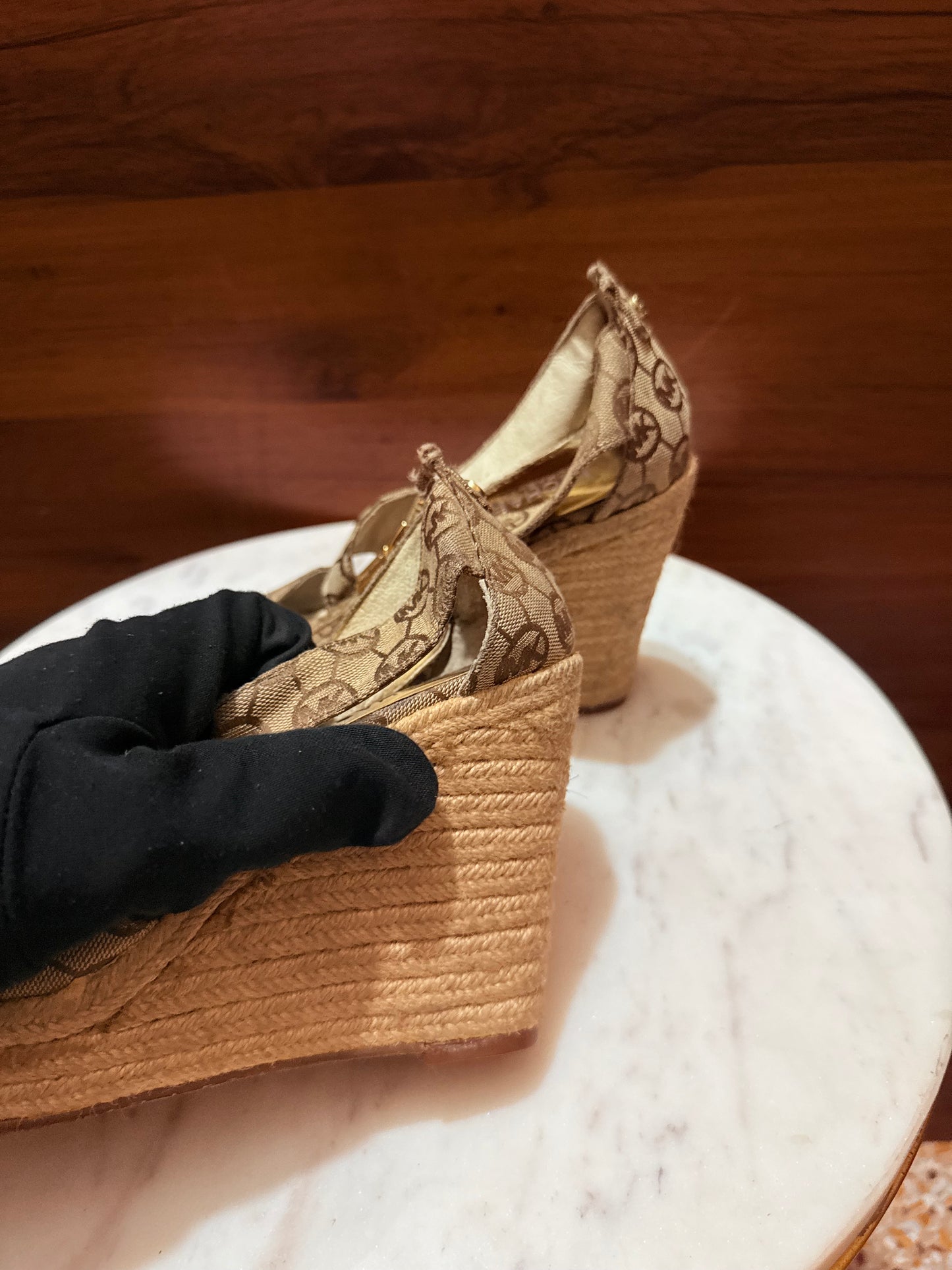 Michael Kors Logo Monogram Canvas Front-Zip Espadrille Wedge Sandals