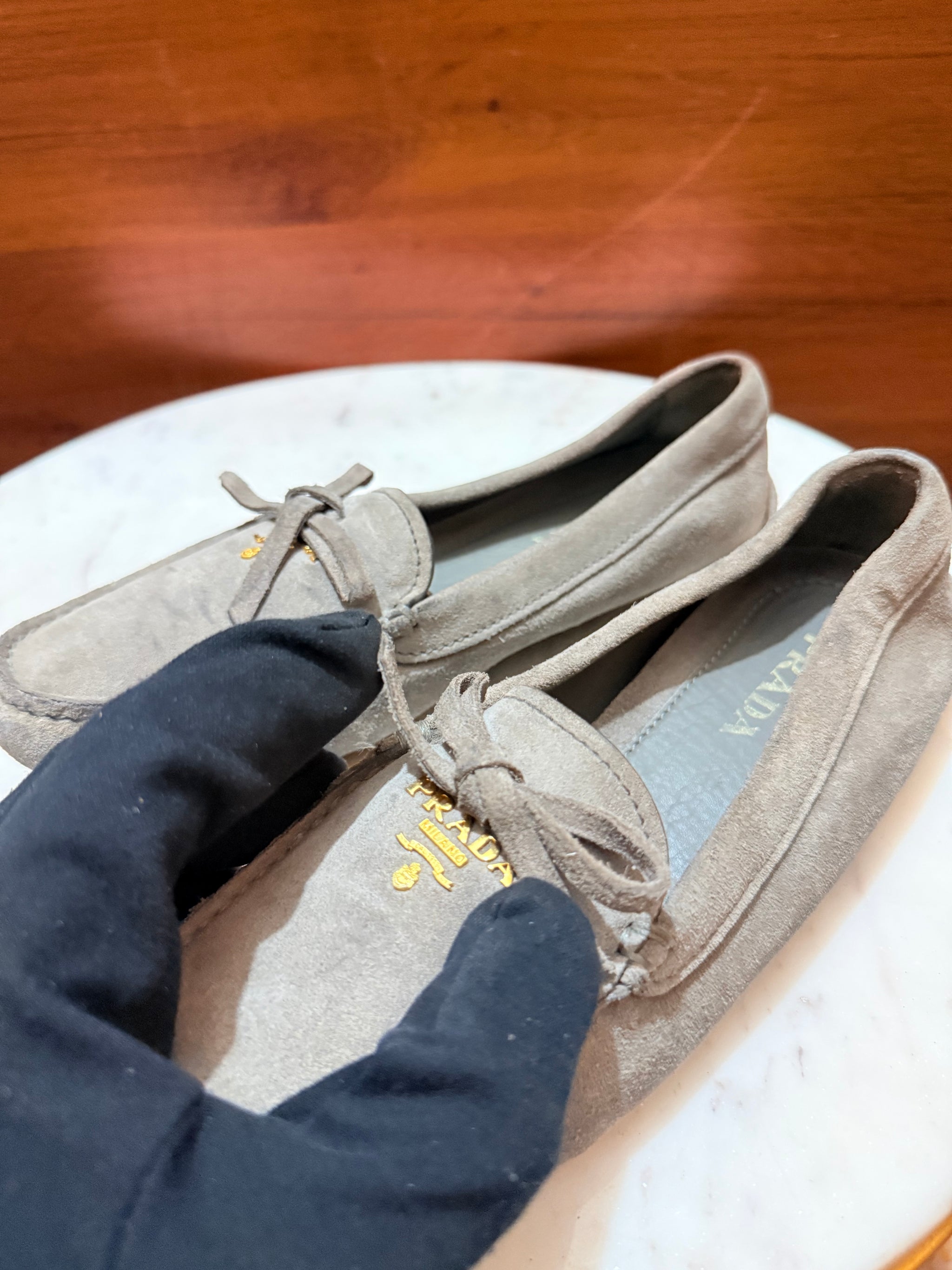 Prada Bow Detail Logo Suede Driving Loafers
