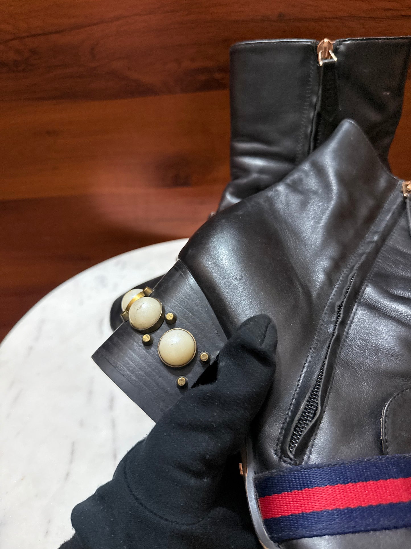 Gucci GG Web Stripe Pearl Embellished Block Heel Ankle Boots