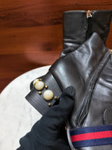 Gucci GG Web Stripe Pearl Embellished Block Heel Ankle Boots
