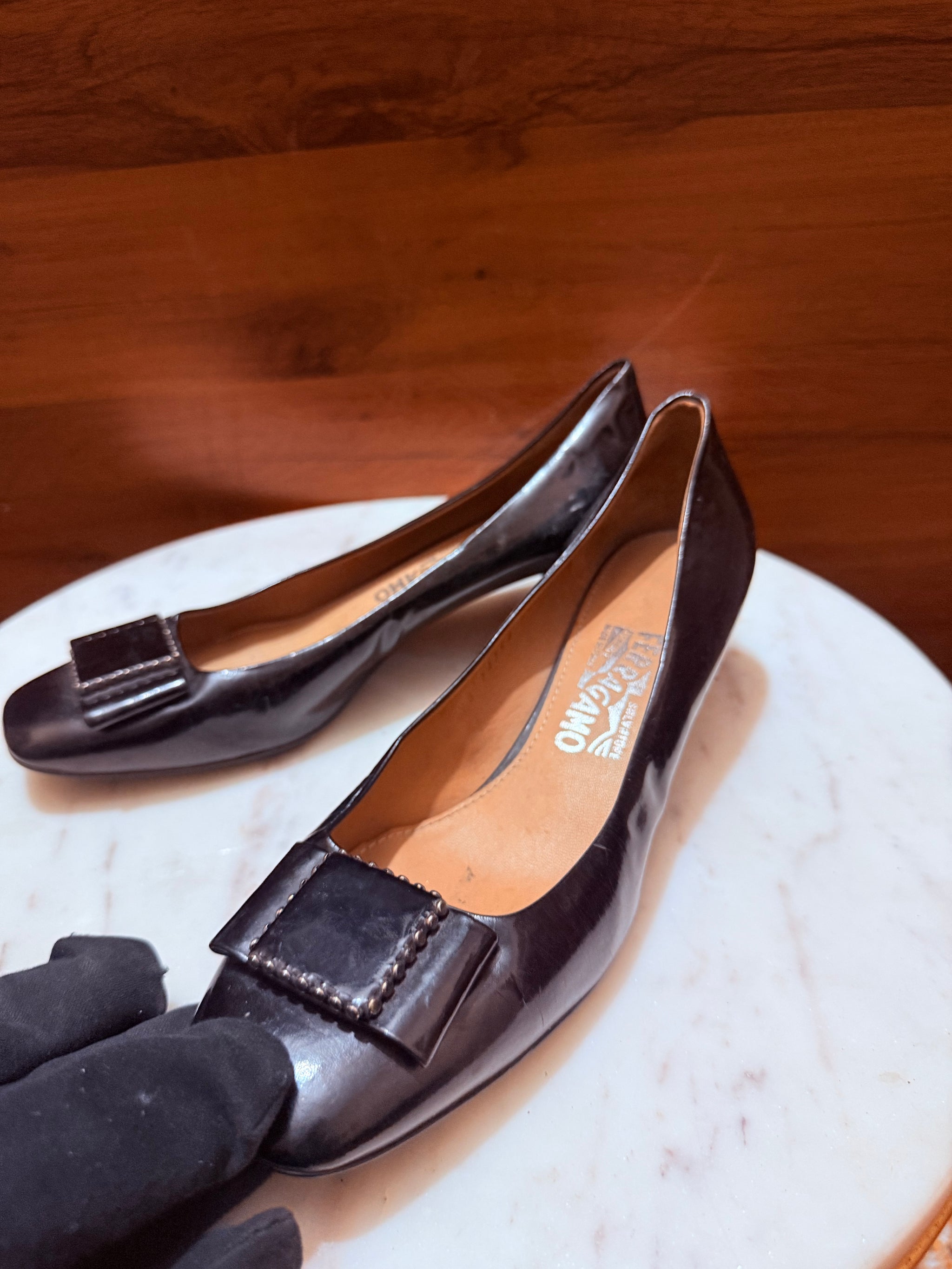 Salvatore Ferragamo Beaded Square Buckle Patent Leather Low Block Heel Pumps