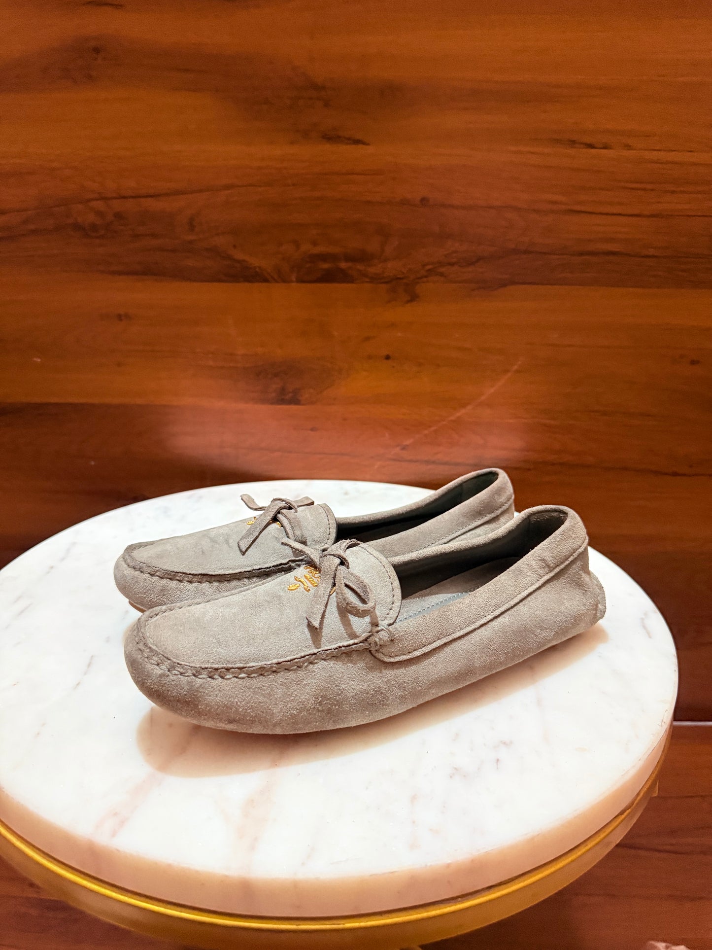 Prada Bow Detail Logo Suede Driving Loafers