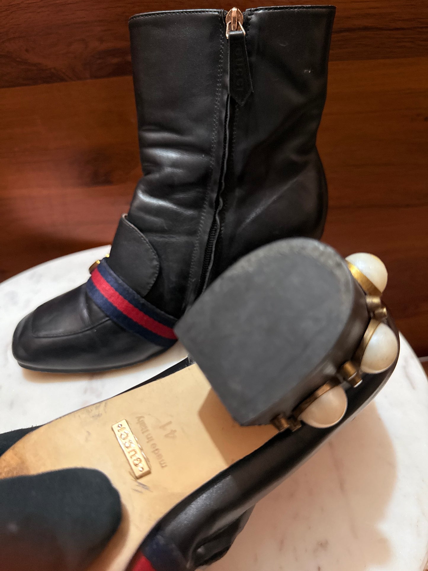 Gucci GG Web Stripe Pearl Embellished Block Heel Ankle Boots