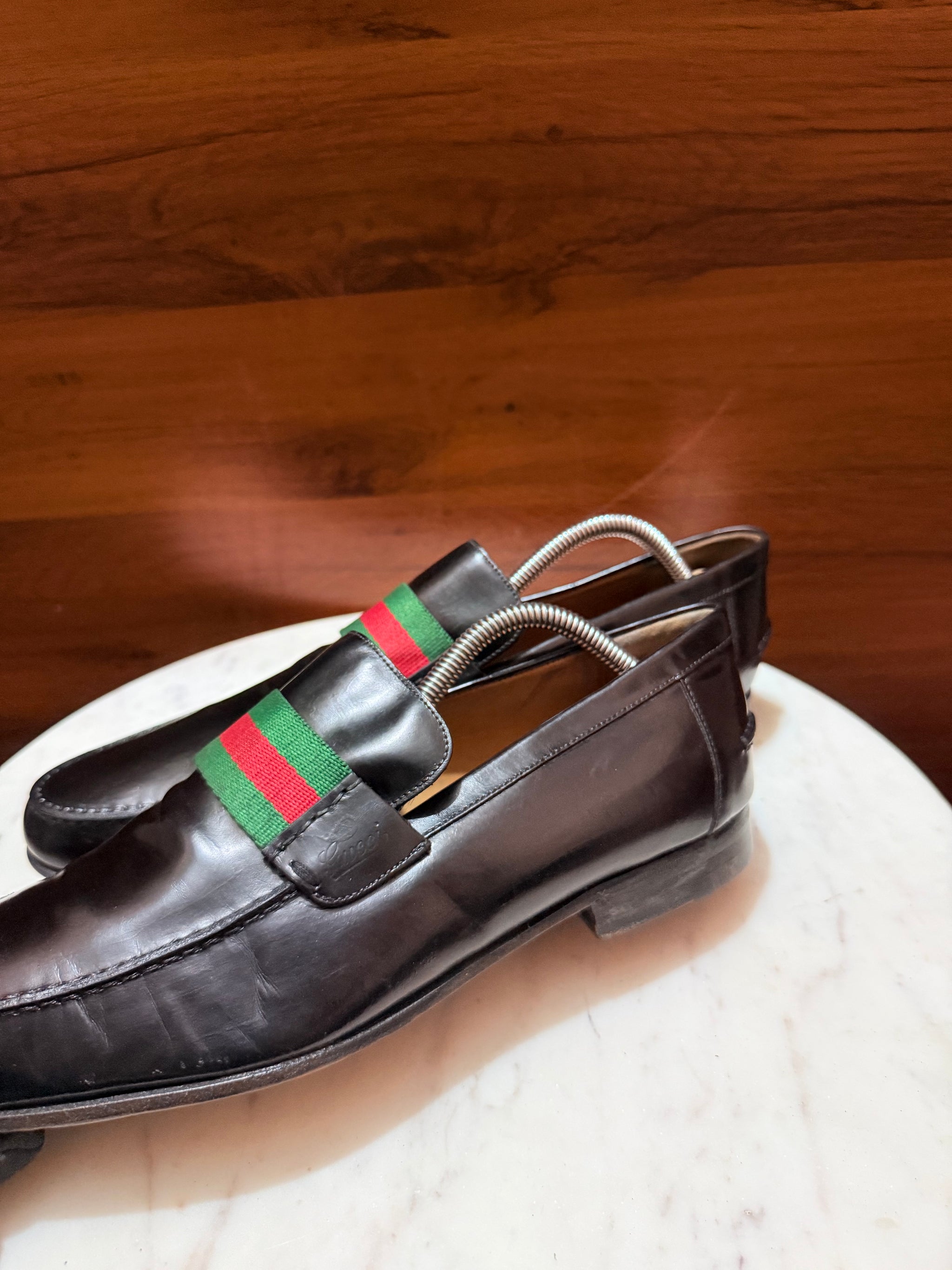 Gucci Web Stripe Leather Penny Loafers