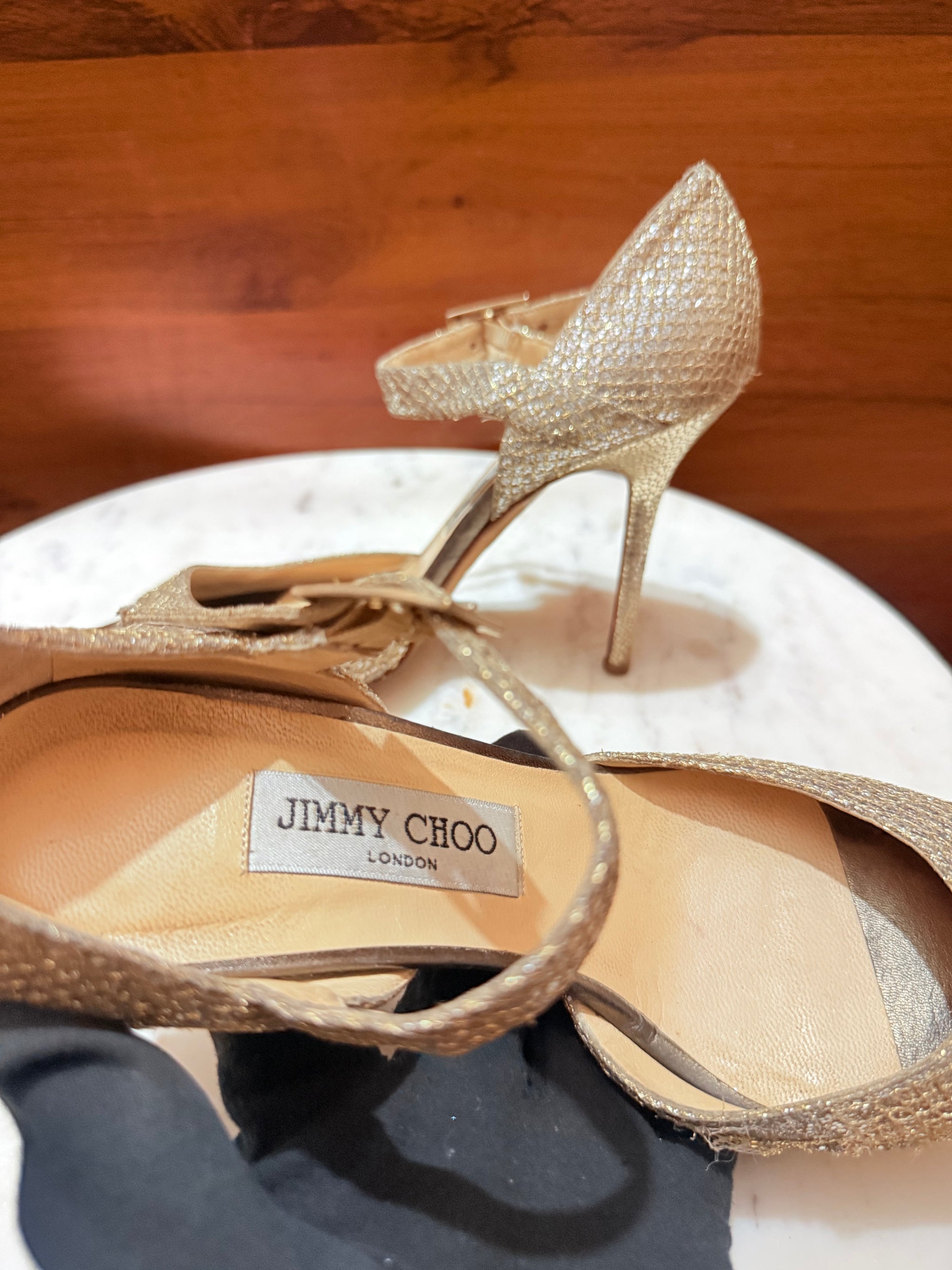 Jimmy Choo Anouk / Glen Glitter Ankle Strap Open-Toe Stiletto Pumps