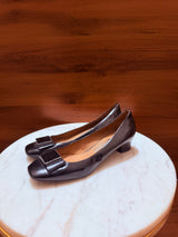 Salvatore Ferragamo Beaded Square Buckle Patent Leather Low Block Heel Pumps