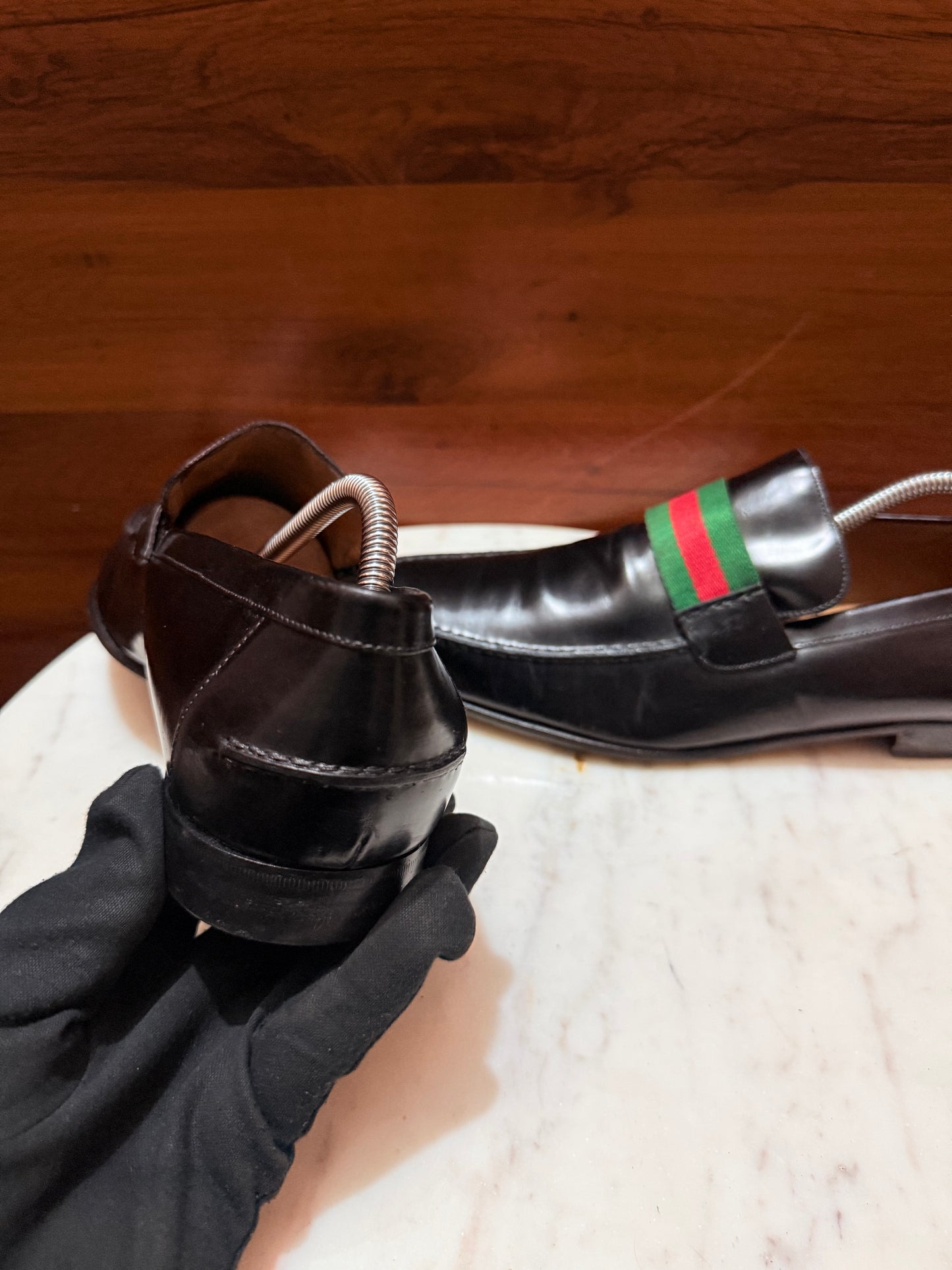 Gucci Web Stripe Leather Penny Loafers