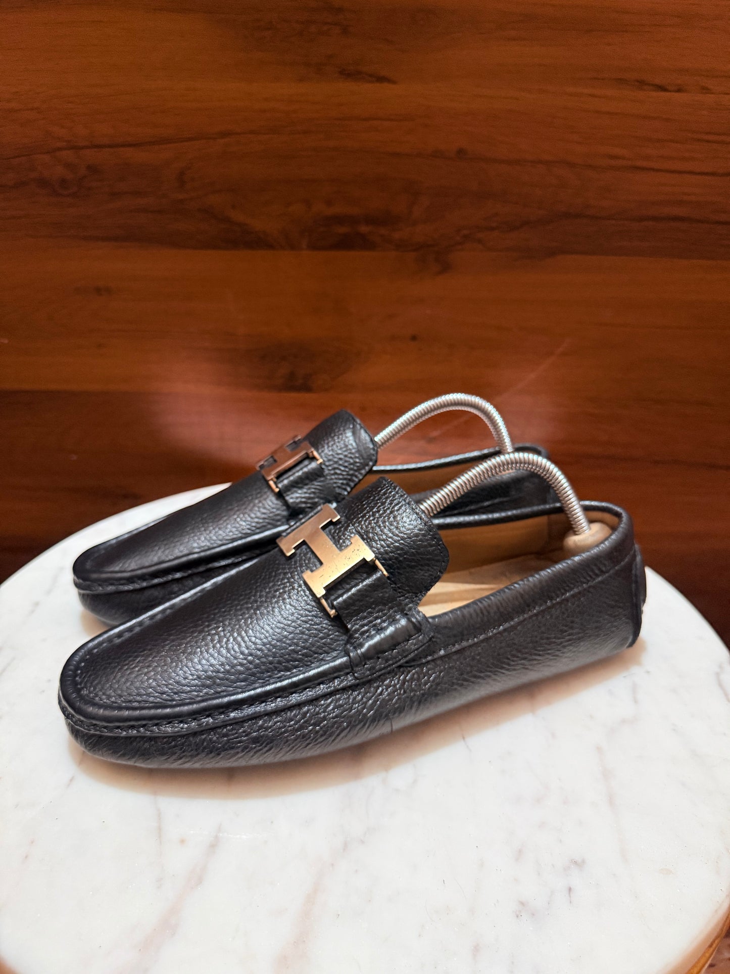Hermès Paris 'H' Buckle Grainy Leather Moccasin Drivers