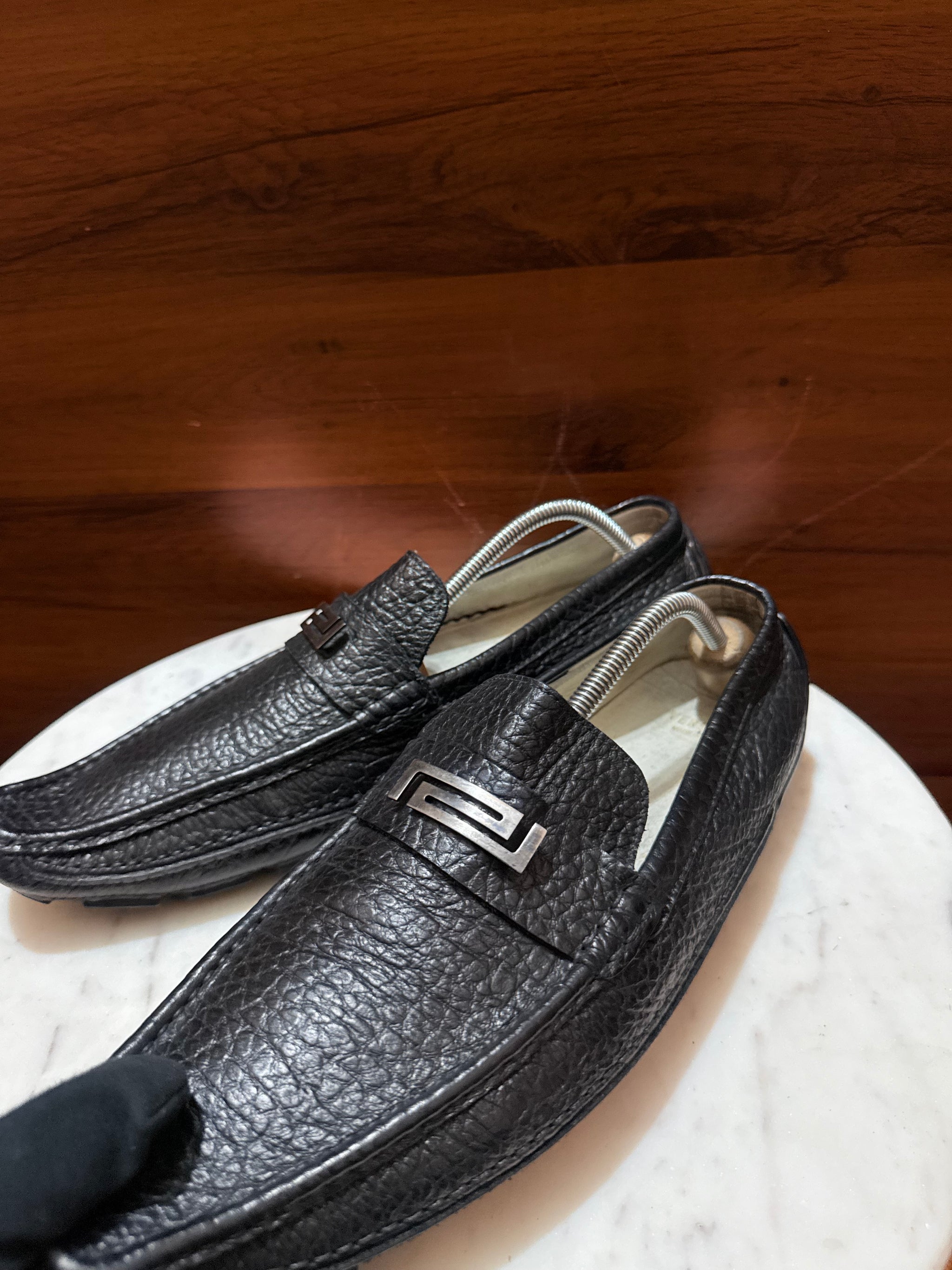 Versace Greca Hardware Grainy Leather Driver Loafers