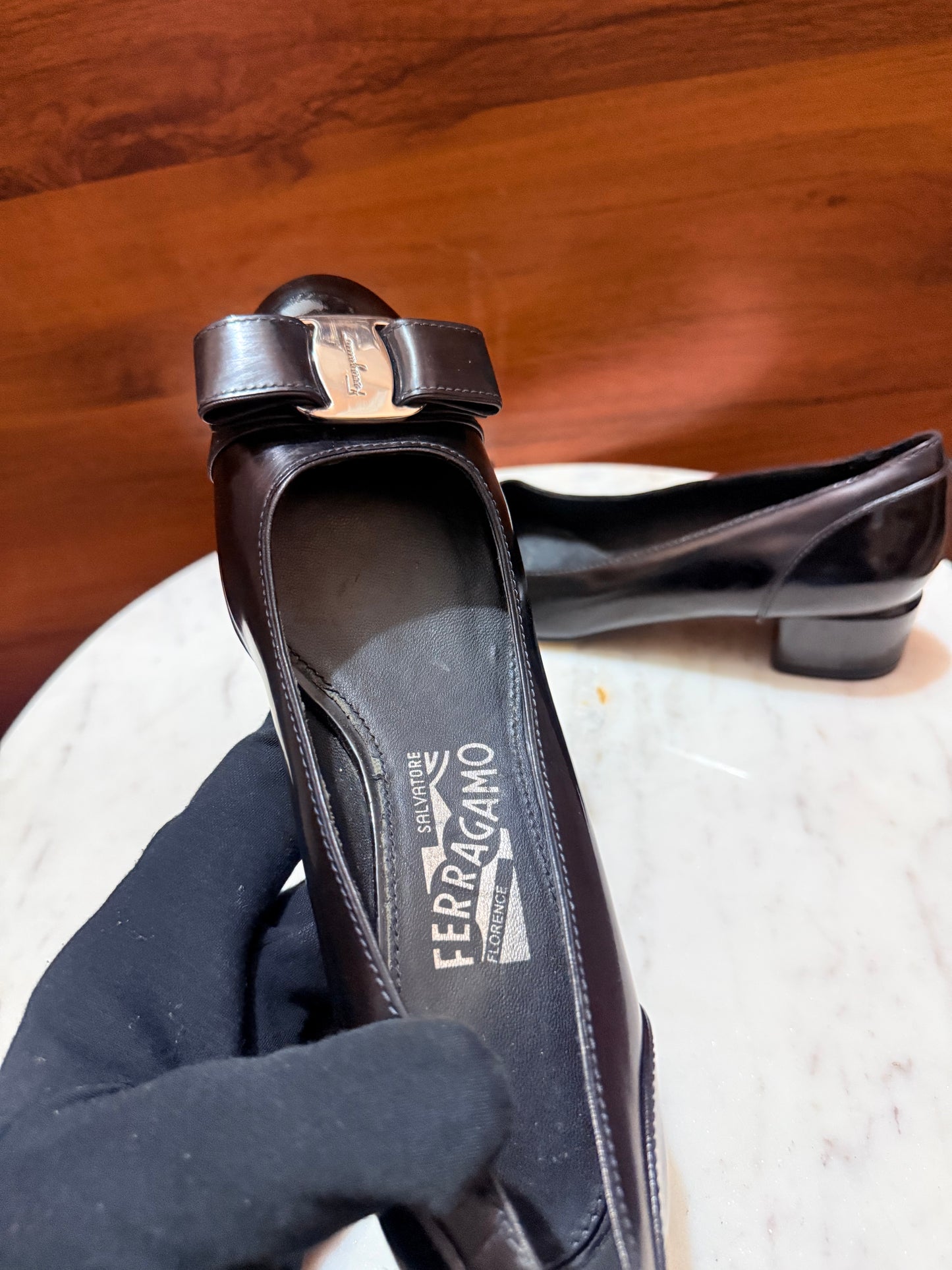 Salvatore Ferragamo Vara Bow Patent Leather Block Heel Pumps