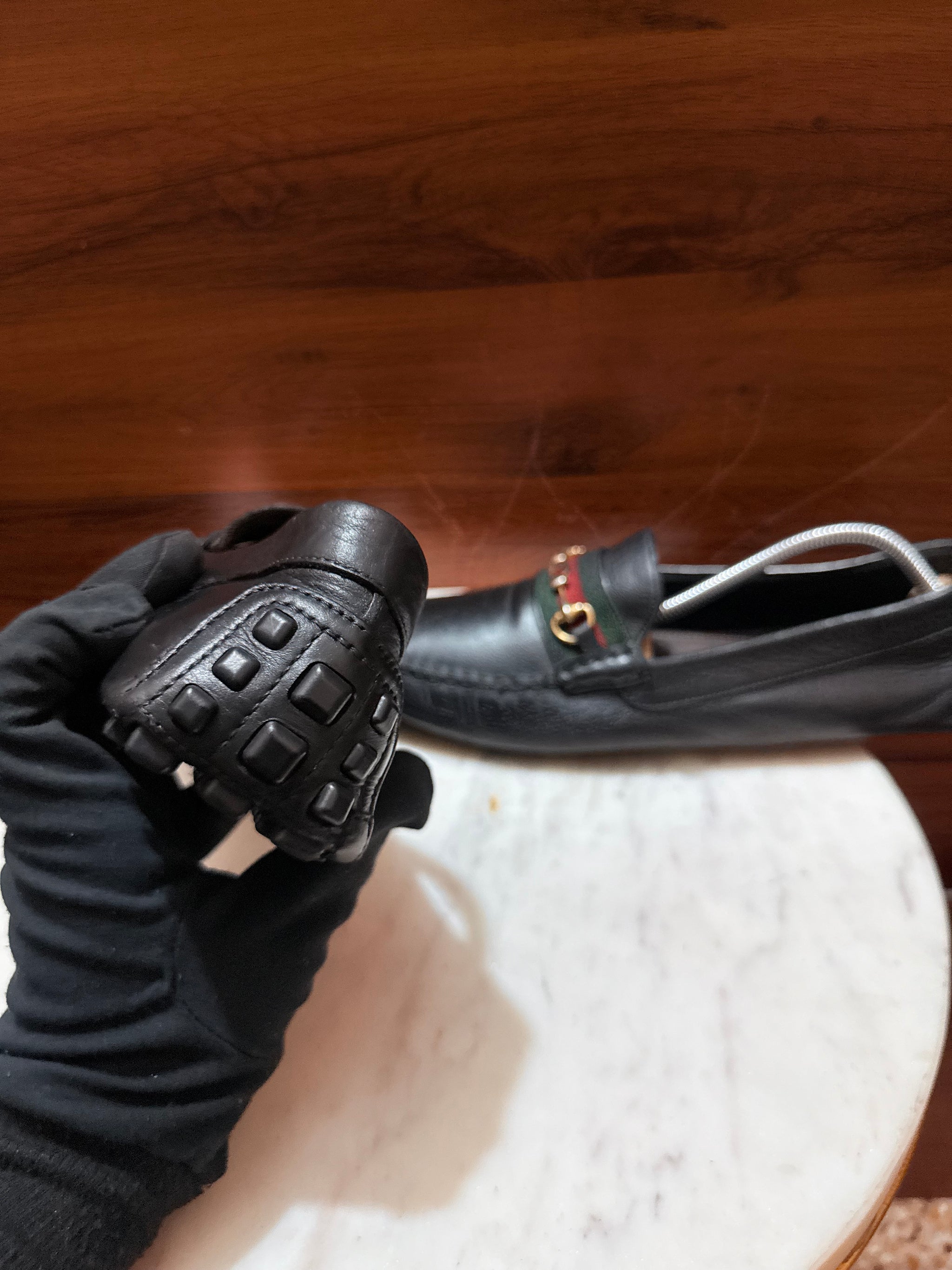 Gucci Web Stripe Horsebit Leather Driver Loafers