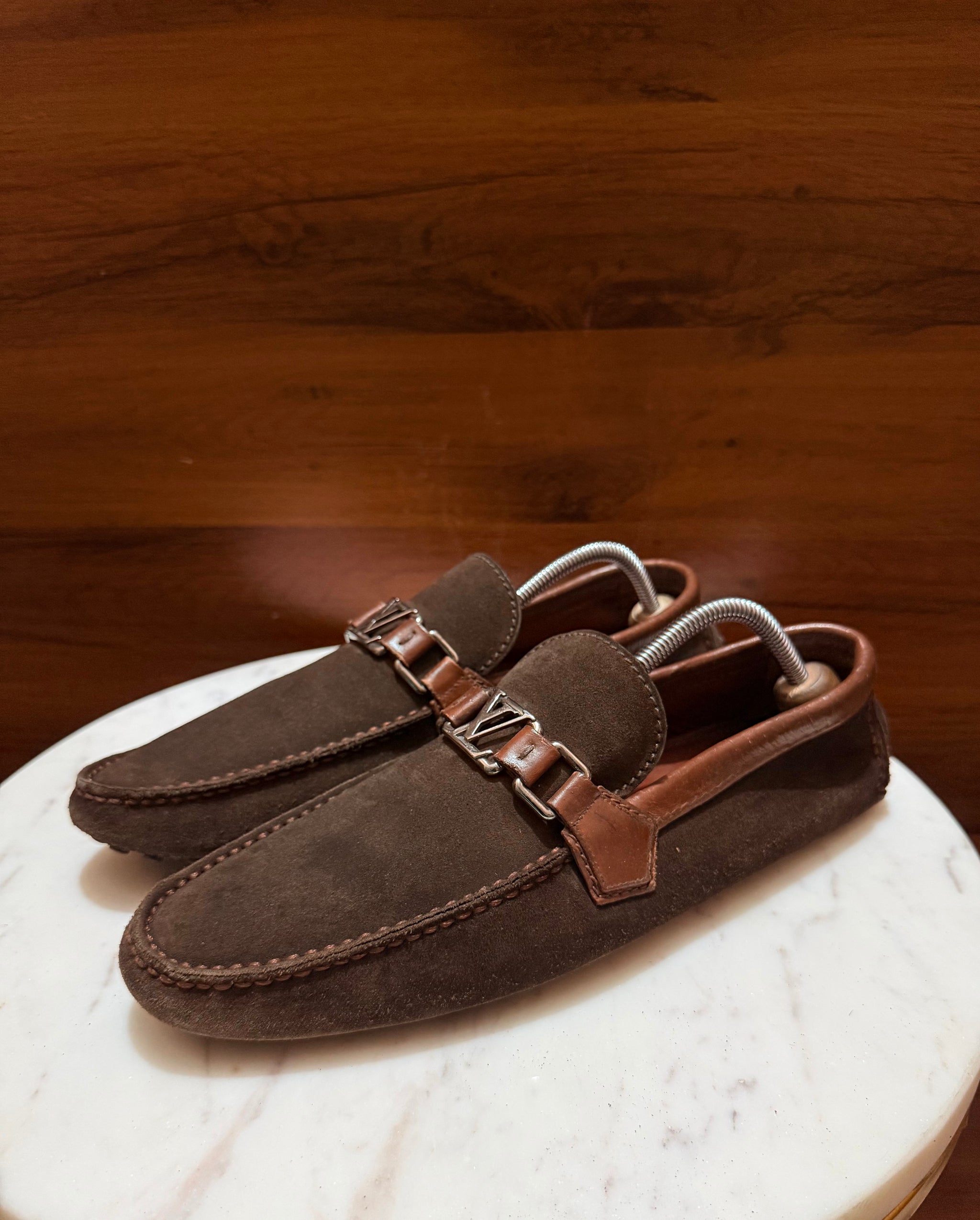 Louis Vuitton Suede LV Initial Buckle Driving Loafers