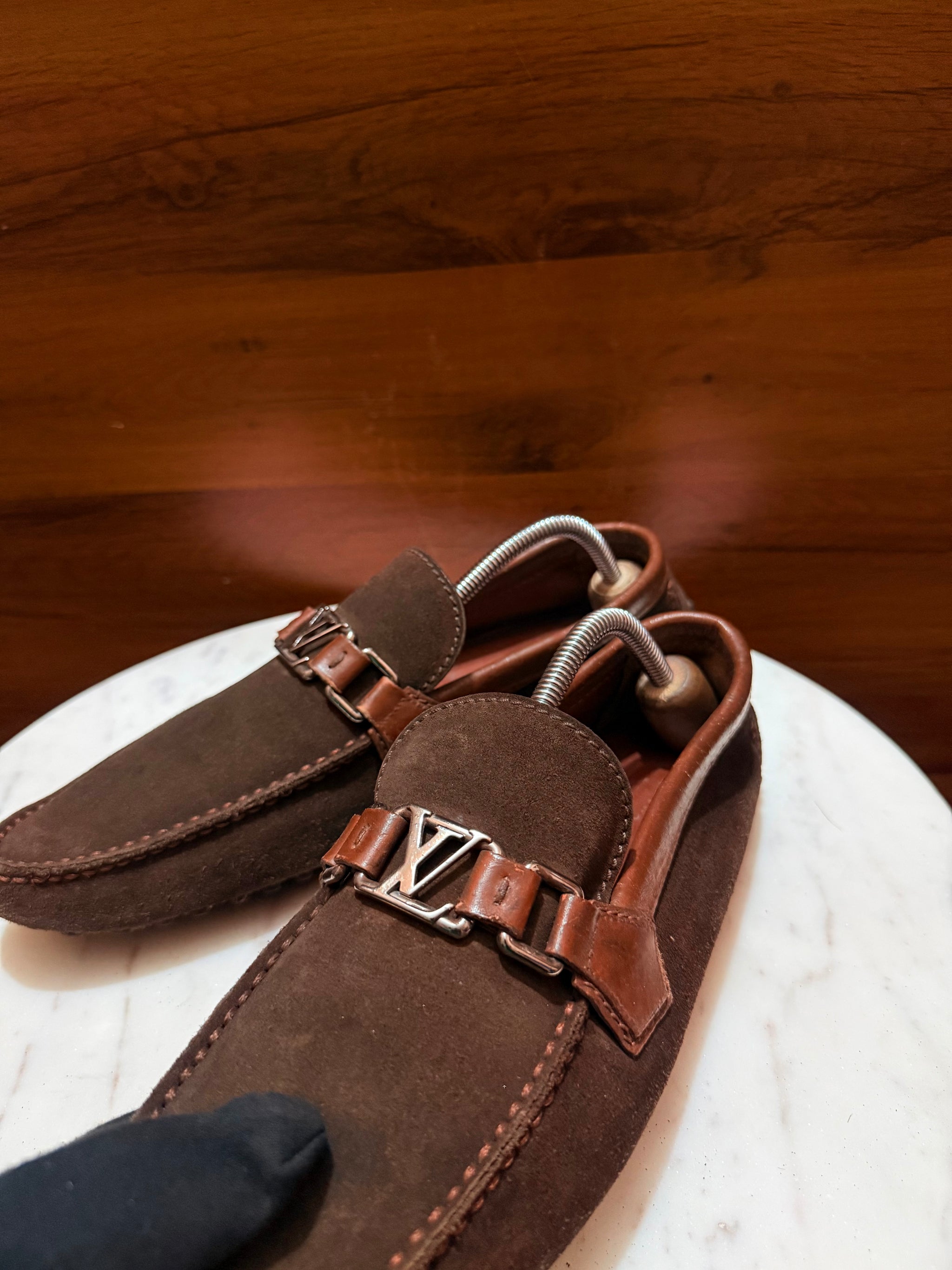 Louis Vuitton Suede LV Initial Buckle Driving Loafers